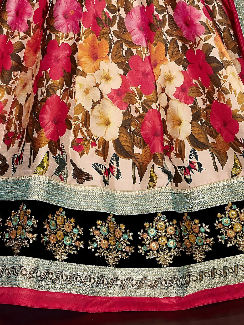 Black Multi Color Floral Printed Banglory Silk Bridal Lehenga Choli And Dupatta