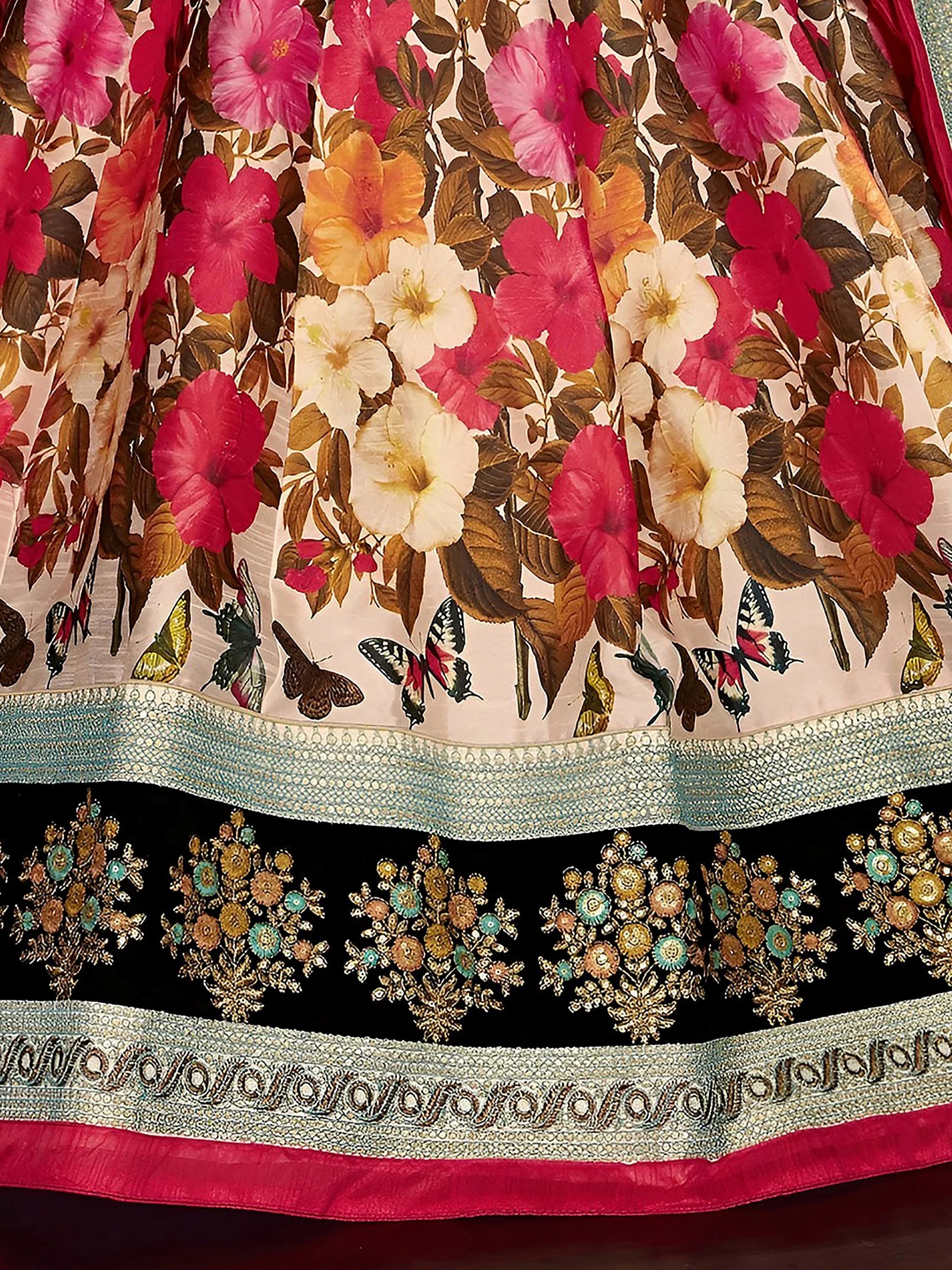 Black Multi Color Floral Printed Banglory Silk Bridal Lehenga Choli And Dupatta