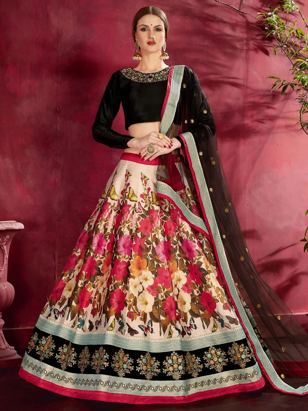 Black Multi Color Floral Printed Banglory Silk Bridal Lehenga Choli And Dupatta