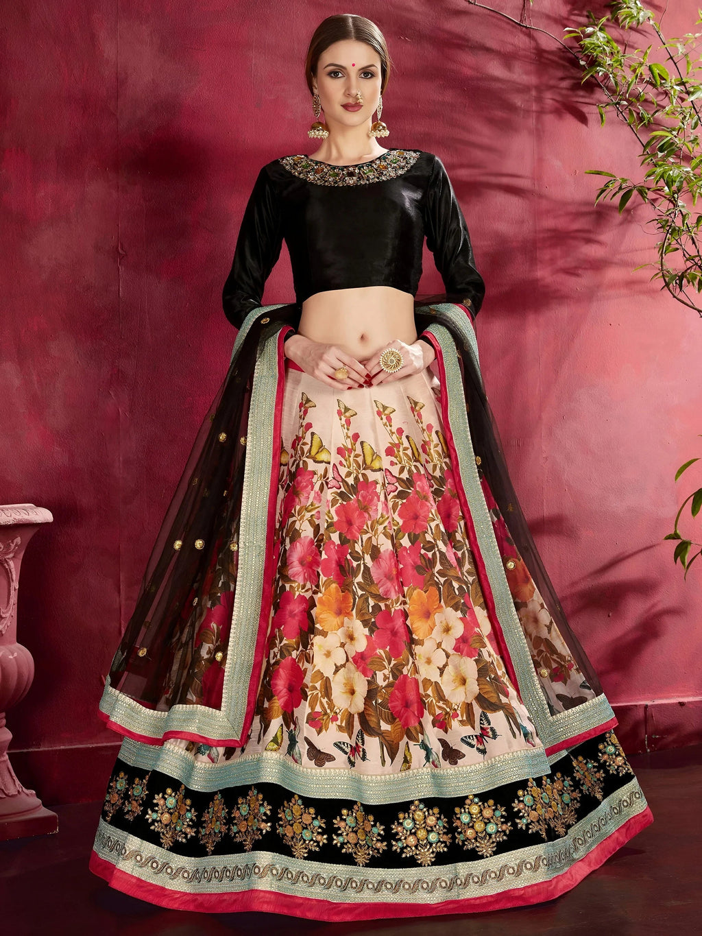 Black Multi Color Floral Printed Banglory Silk Bridal Lehenga Choli And Dupatta