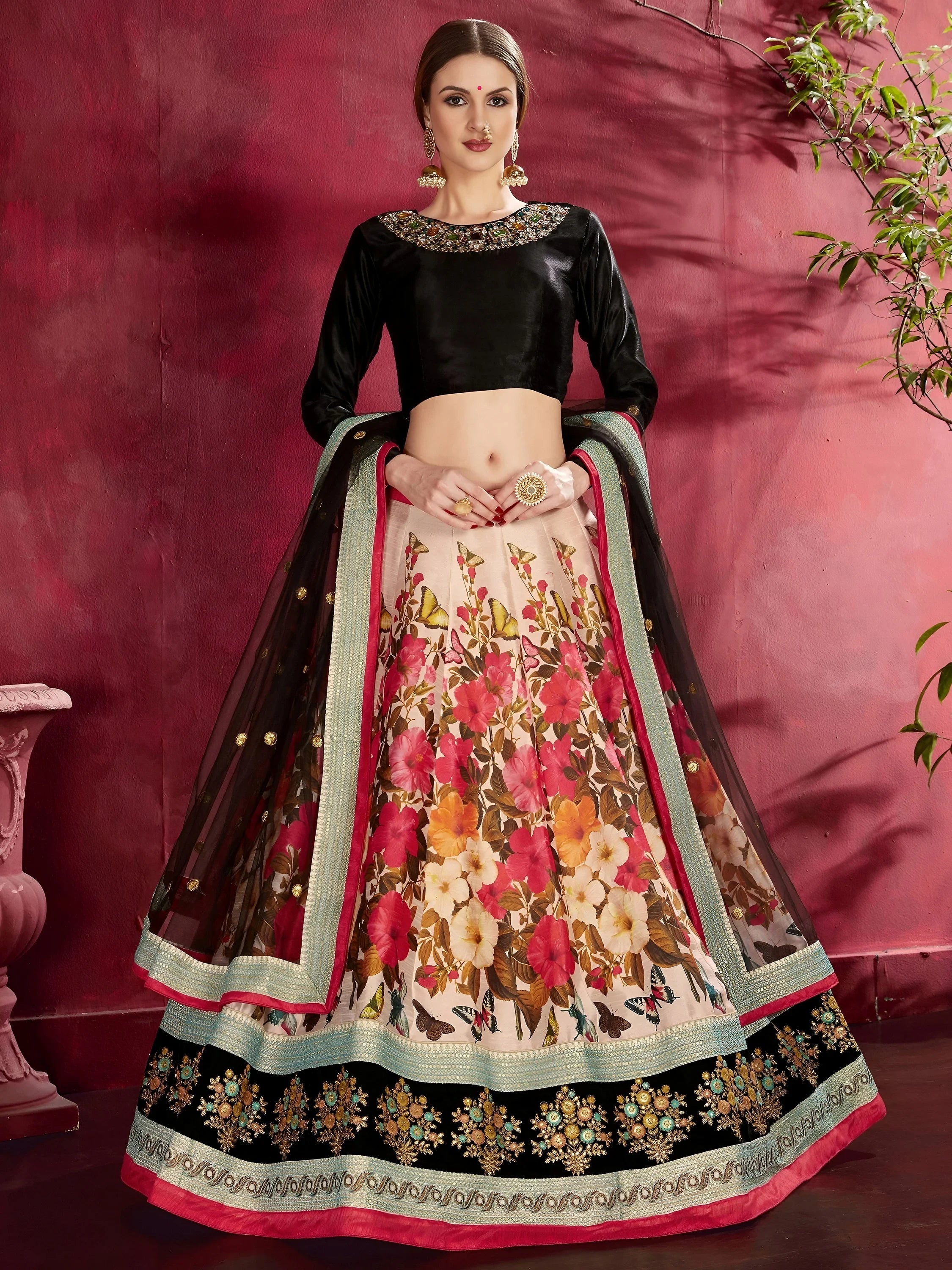 Great Multi Color Floral Printed Banglory Silk Bridal Lehenga Choli And Dupatta