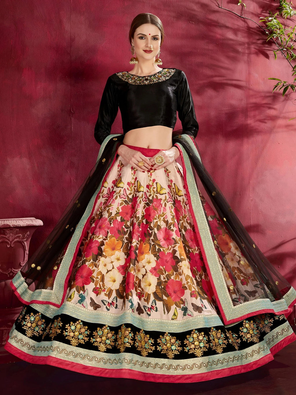 Great Multi Color Floral Printed Banglory Silk Bridal Lehenga Choli And Dupatta