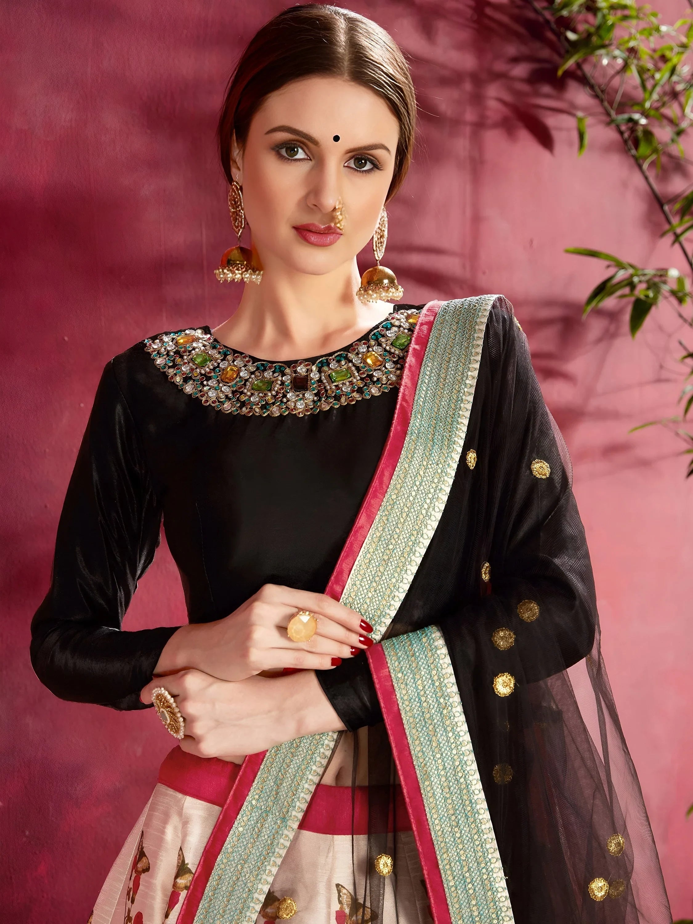Black Multi Color Floral Printed Banglory Silk Bridal Lehenga Choli And Dupatta