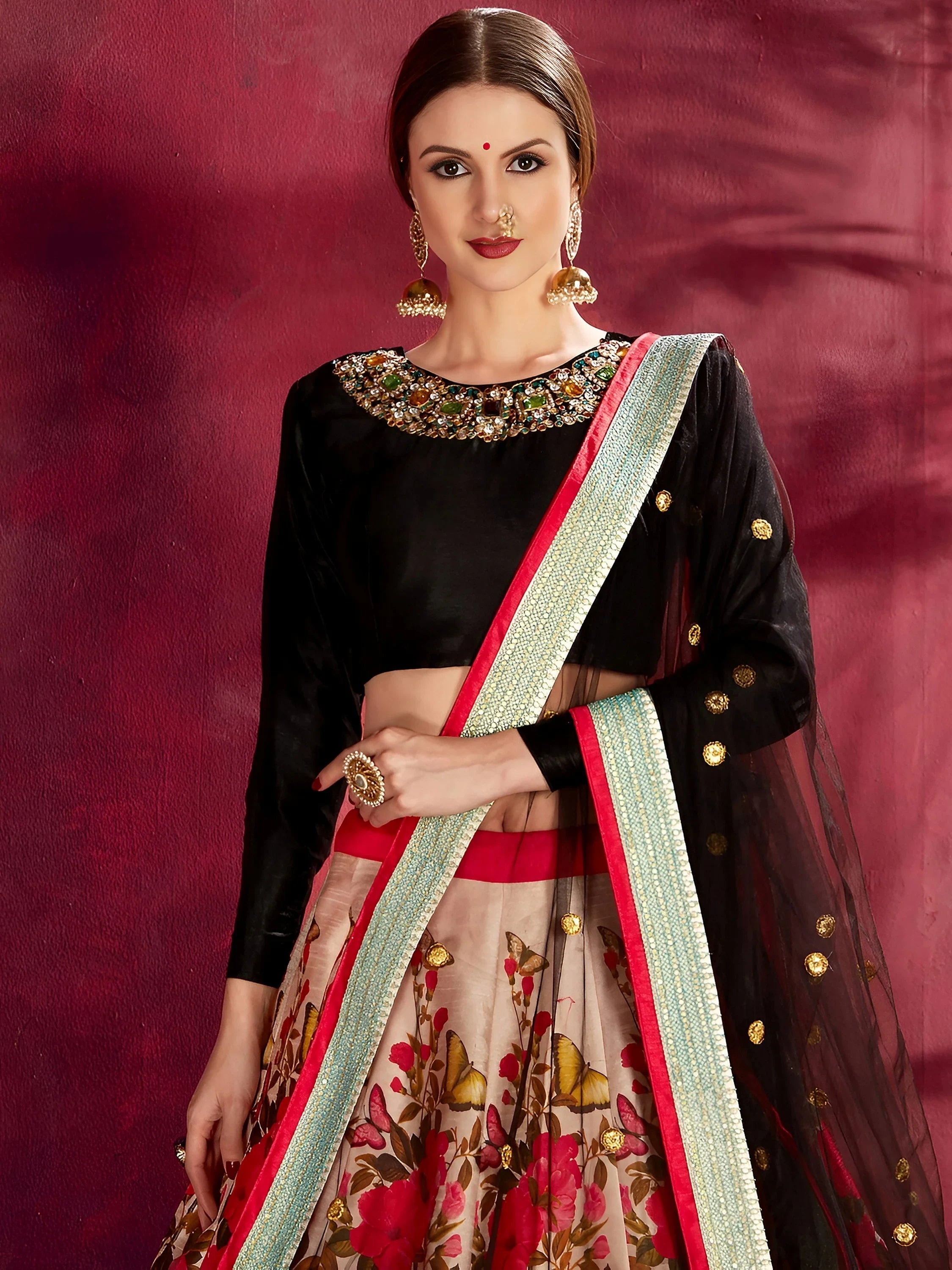 Great Multi Color Floral Printed Banglory Silk Bridal Lehenga Choli And Dupatta