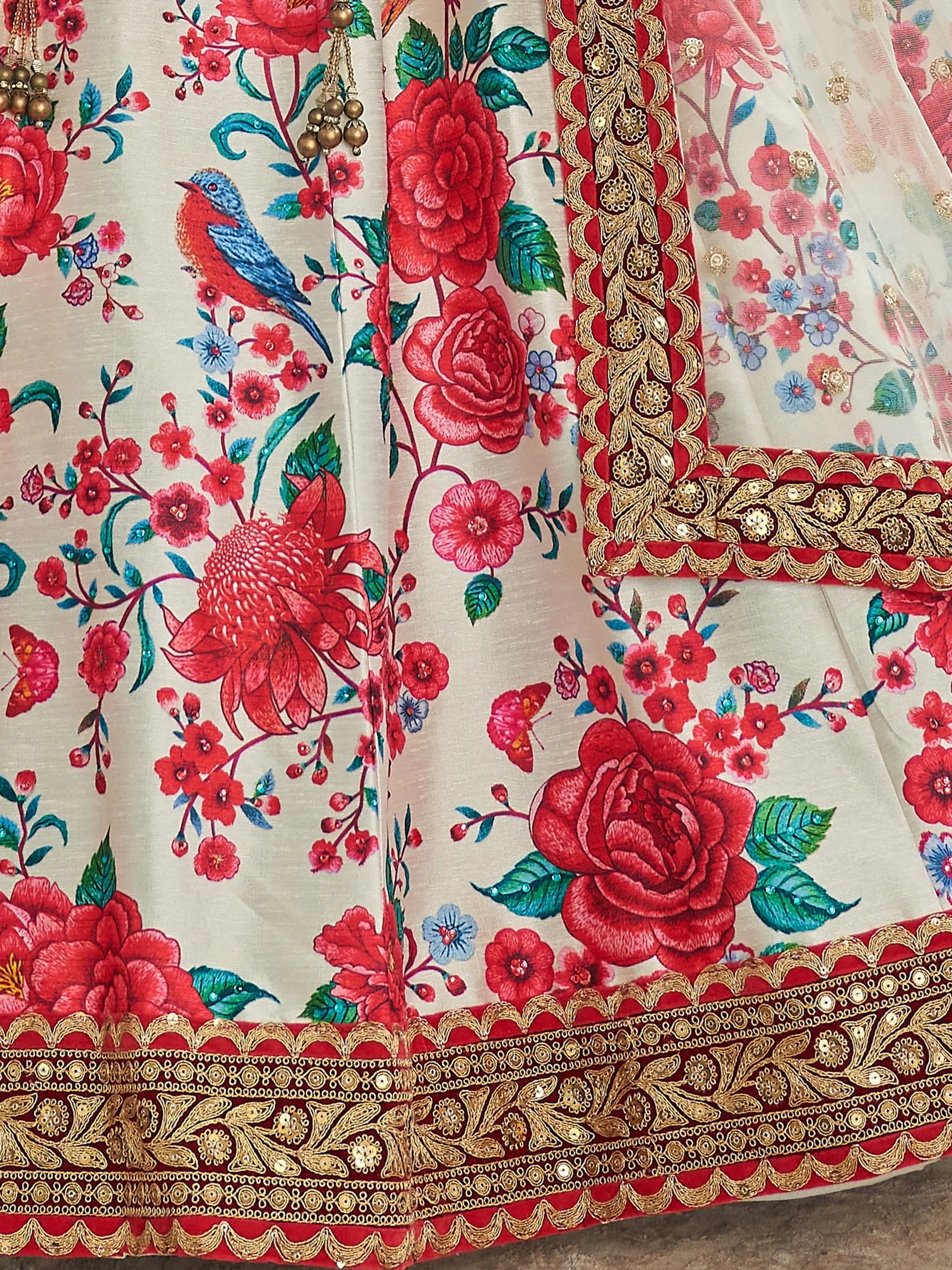 Cream Capricious Off-Floral Printed Art Silk Lehenga Choli