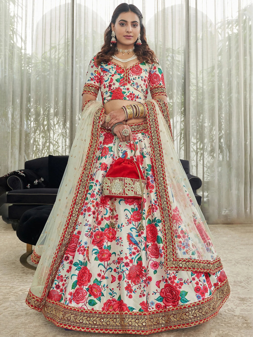 Cream Capricious Off-Floral Printed Art Silk Lehenga Choli