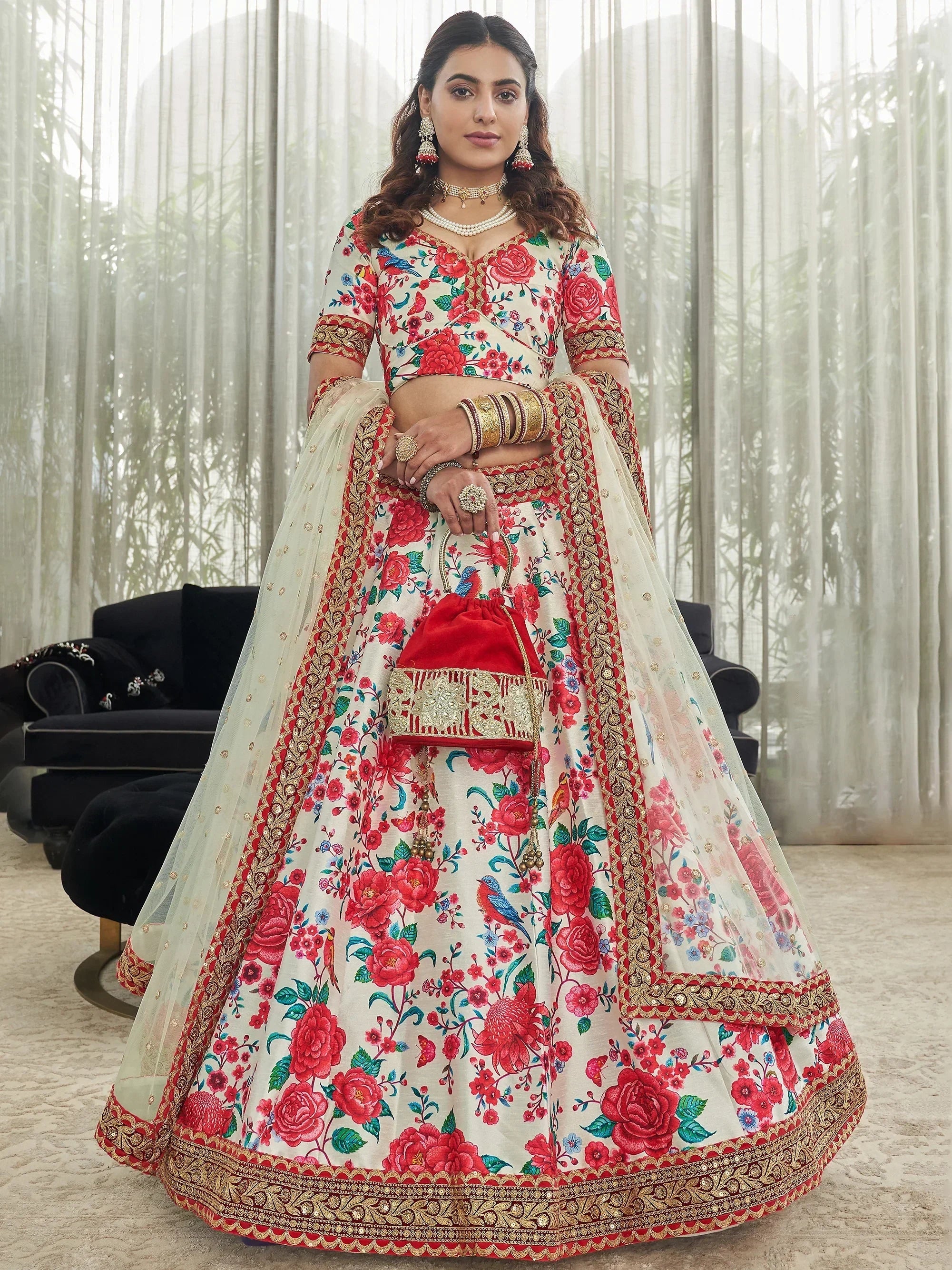 Off White Capricious Off-Floral Printed Art Silk Lehenga Choli