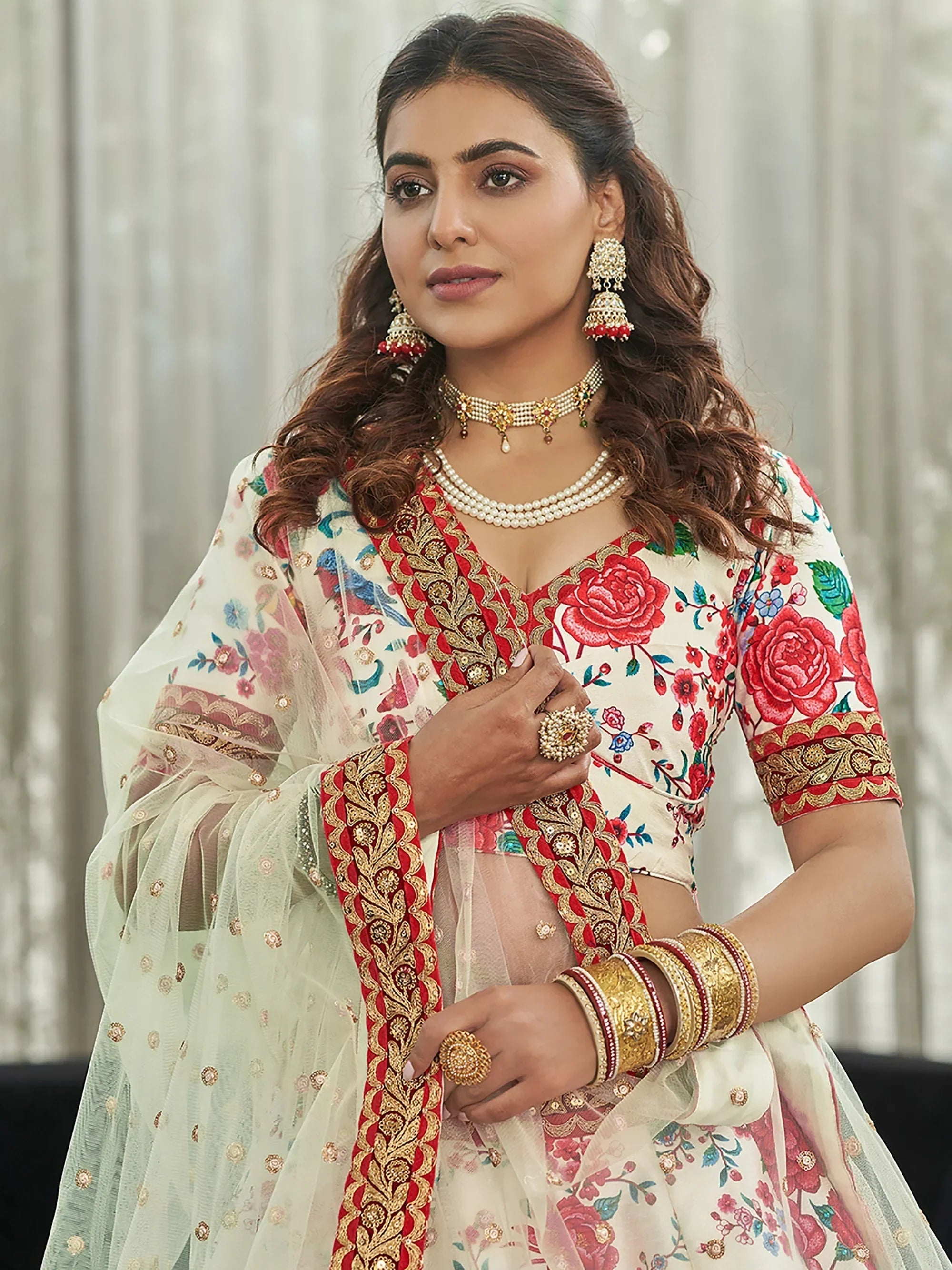 Off White Capricious Off-Floral Printed Art Silk Lehenga Choli