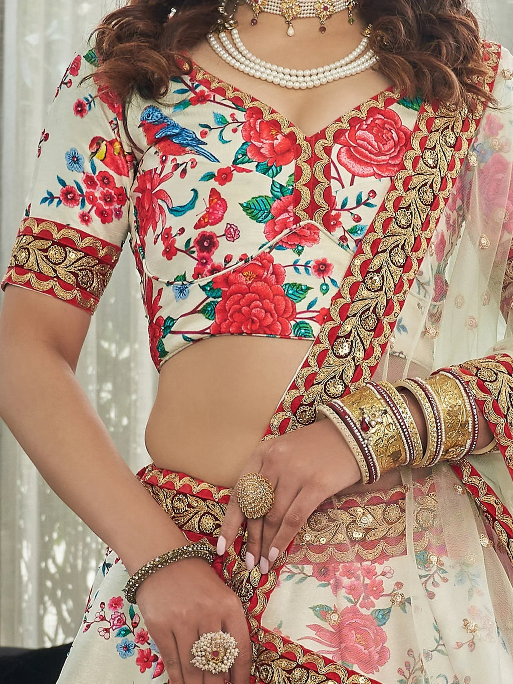 Off White Capricious Off-Floral Printed Art Silk Lehenga Choli