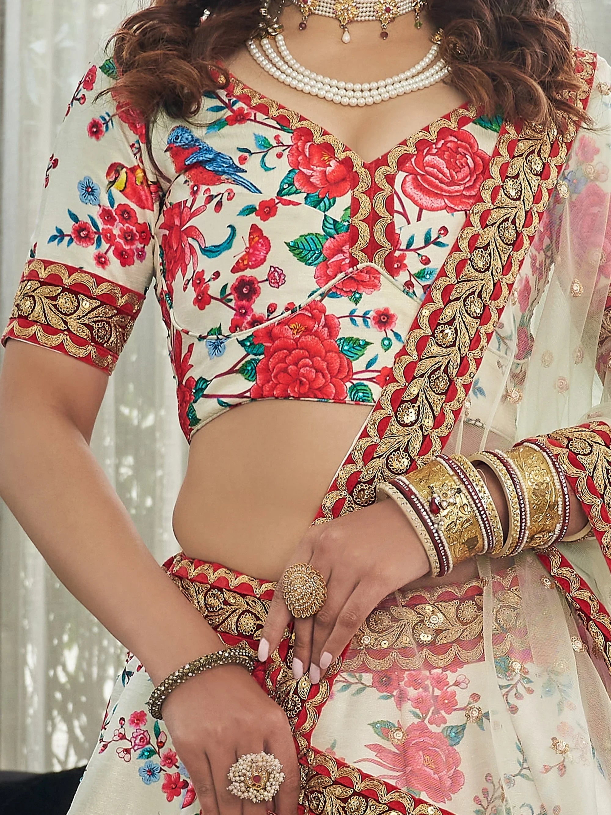 Cream Capricious Off-Floral Printed Art Silk Lehenga Choli