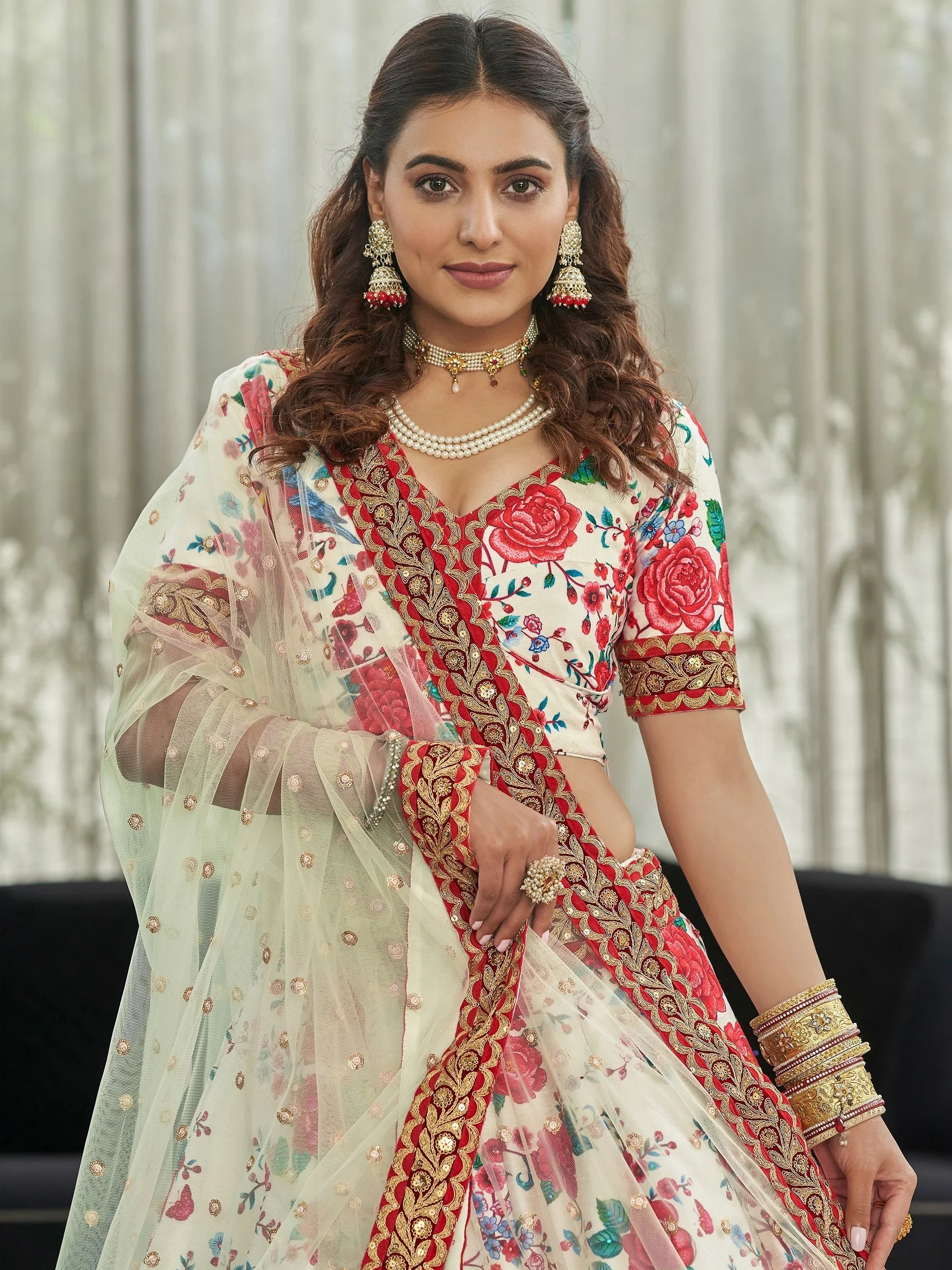 Cream Capricious Off-Floral Printed Art Silk Lehenga Choli