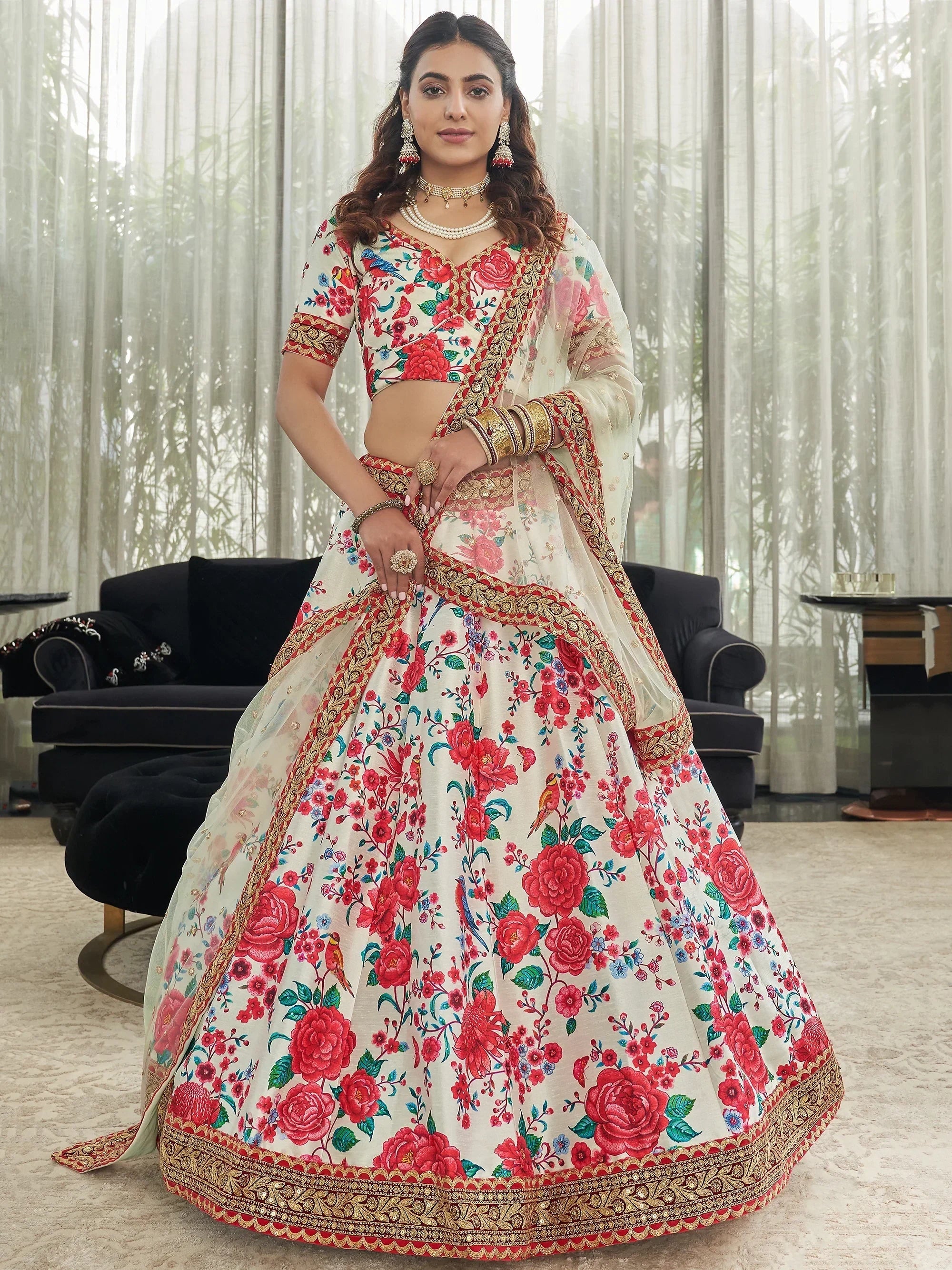 Off White Capricious Off-Floral Printed Art Silk Lehenga Choli