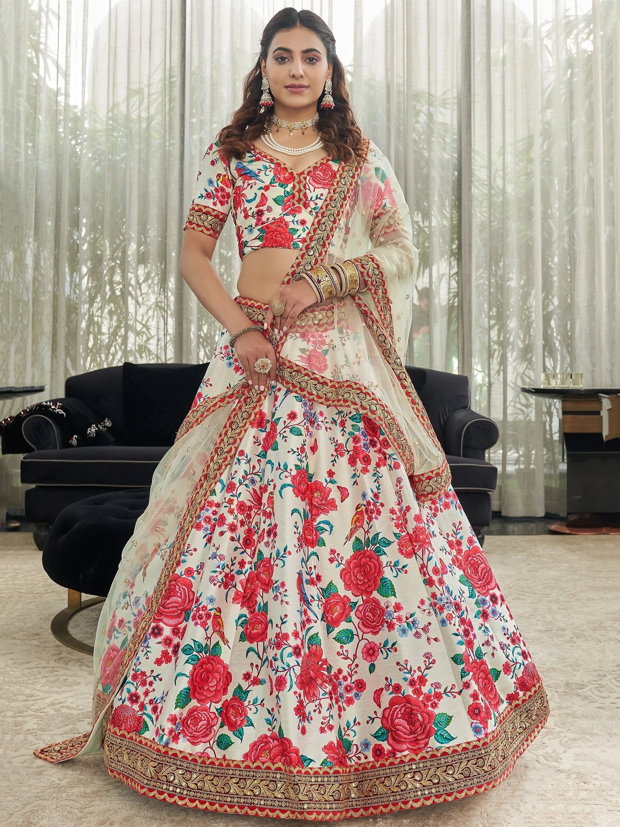 Cream Capricious Off-Floral Printed Art Silk Lehenga Choli