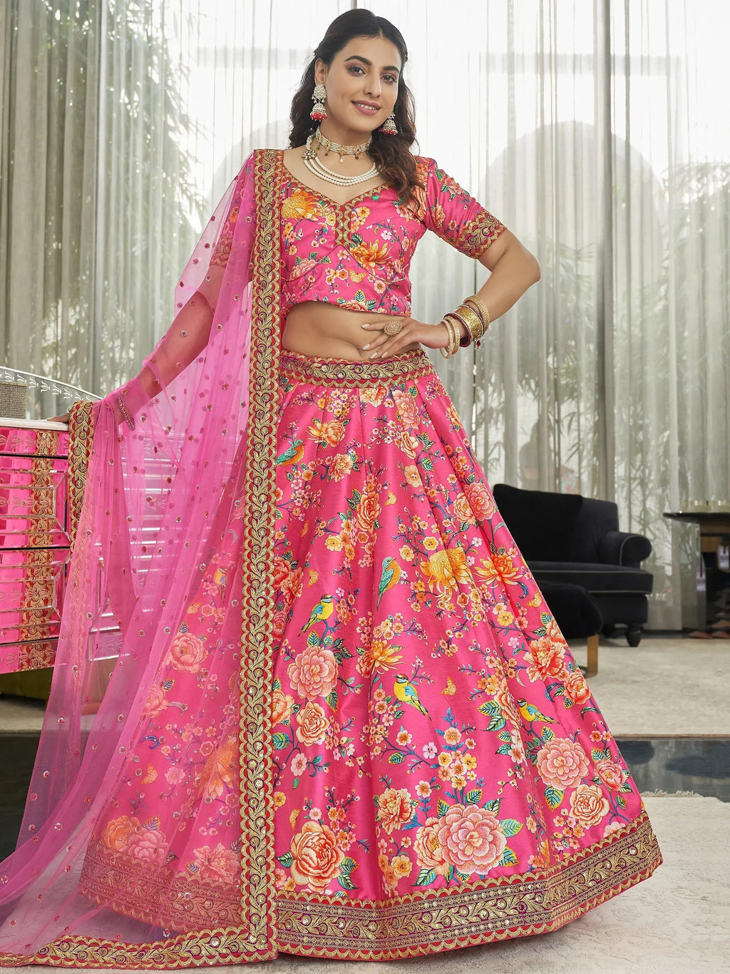 Marvelous Deep Pink Floral Printed Art Silk Lehenga Choli With Dupatta
