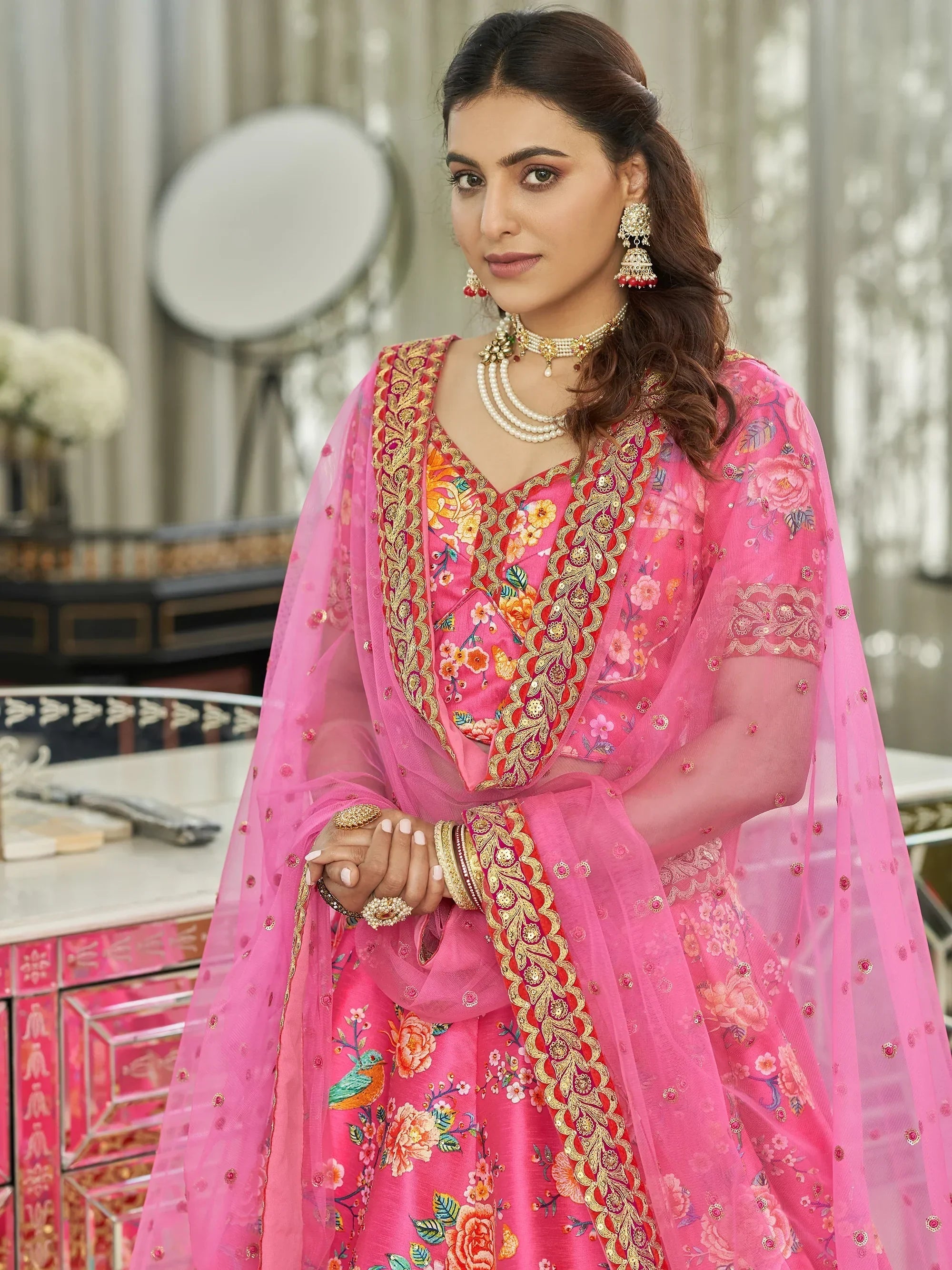 Marvelous Deep Pink Floral Printed Art Silk Lehenga Choli With Dupatta