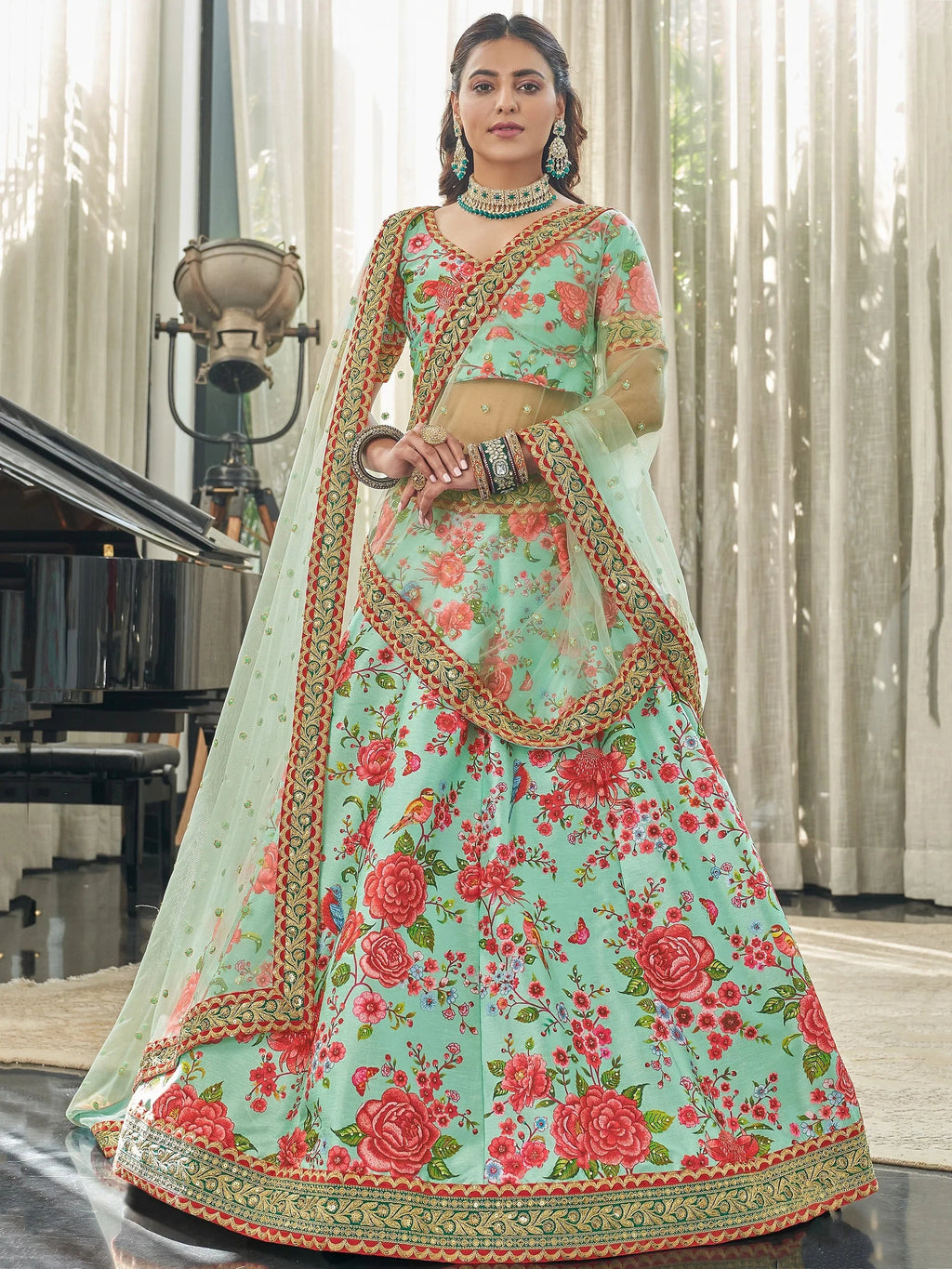 Green Spectacular Floral Printed Art Silk Lehenga Choli