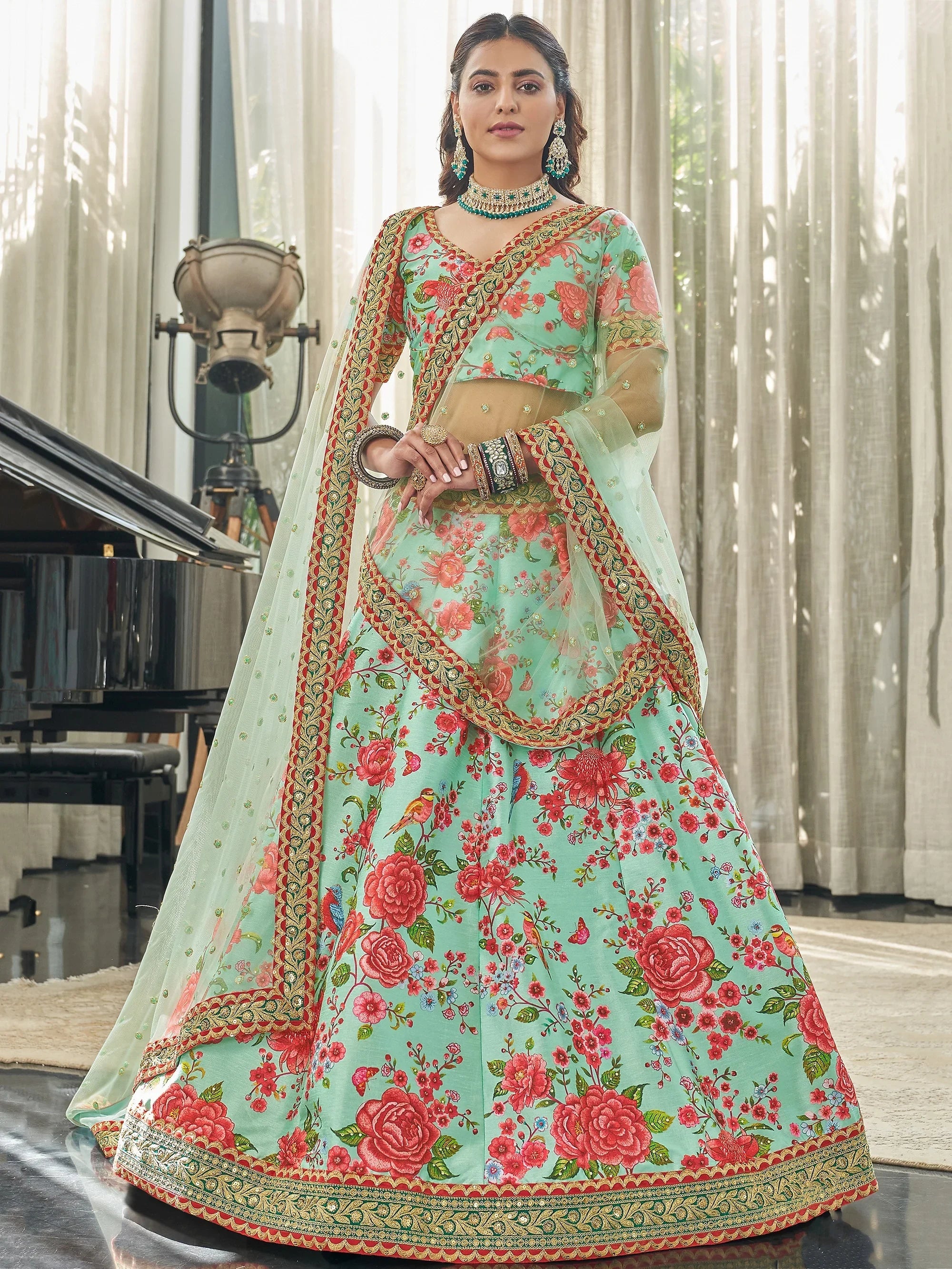 Green Spectacular Floral Printed Art Silk Lehenga Choli
