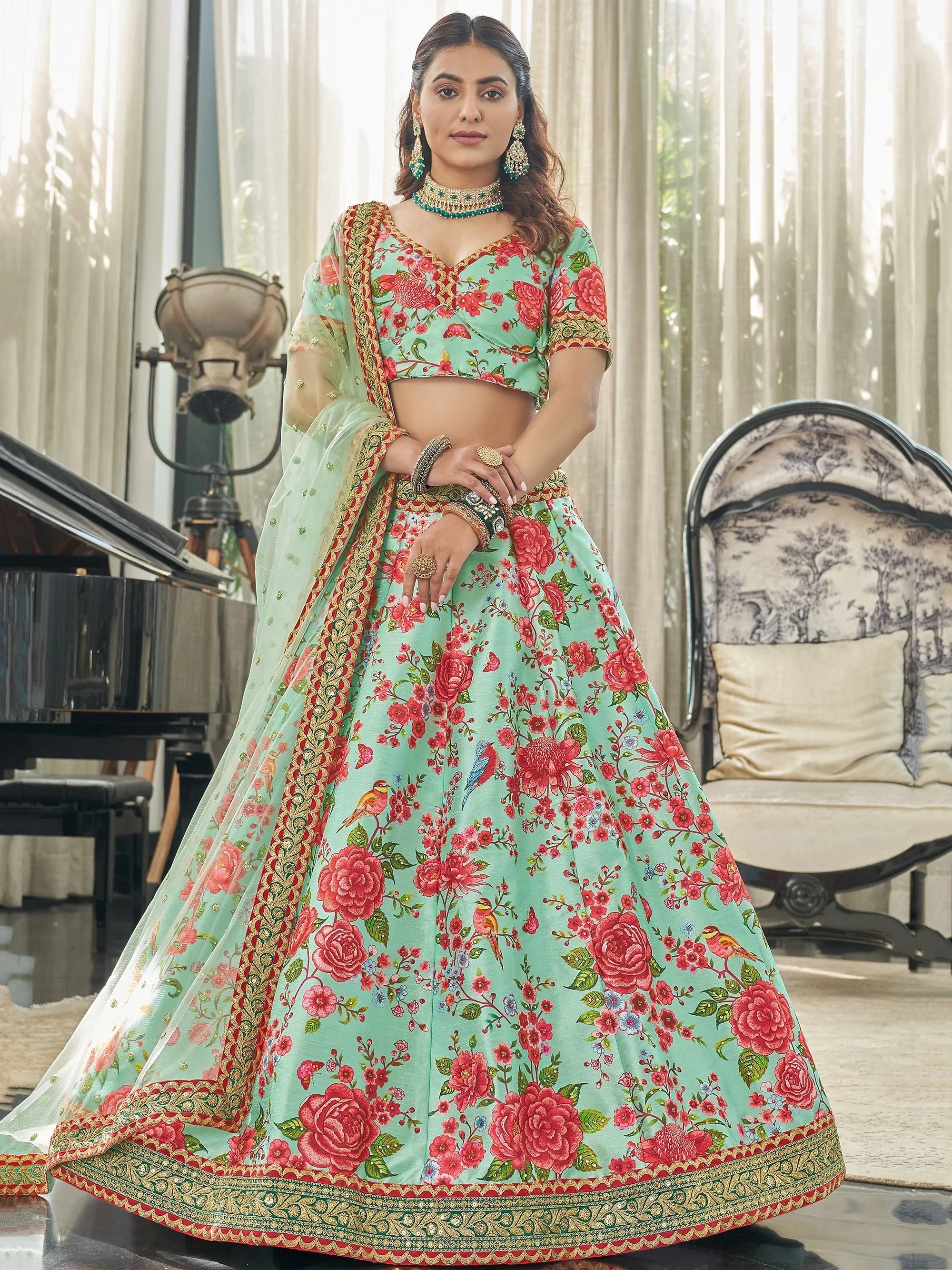 Green Spectacular Floral Printed Art Silk Lehenga Choli