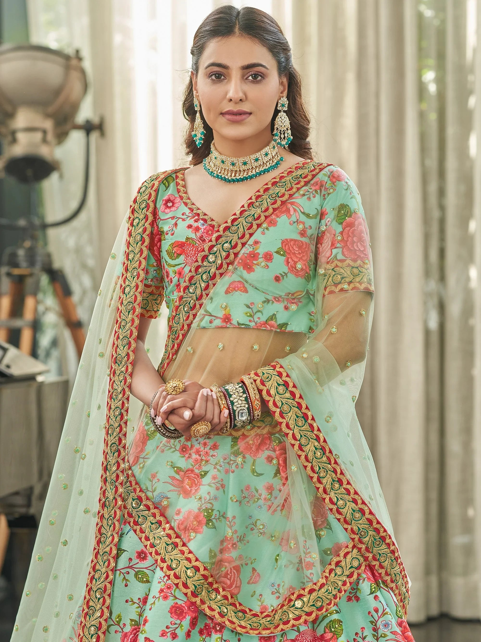Green Spectacular Floral Printed Art Silk Lehenga Choli