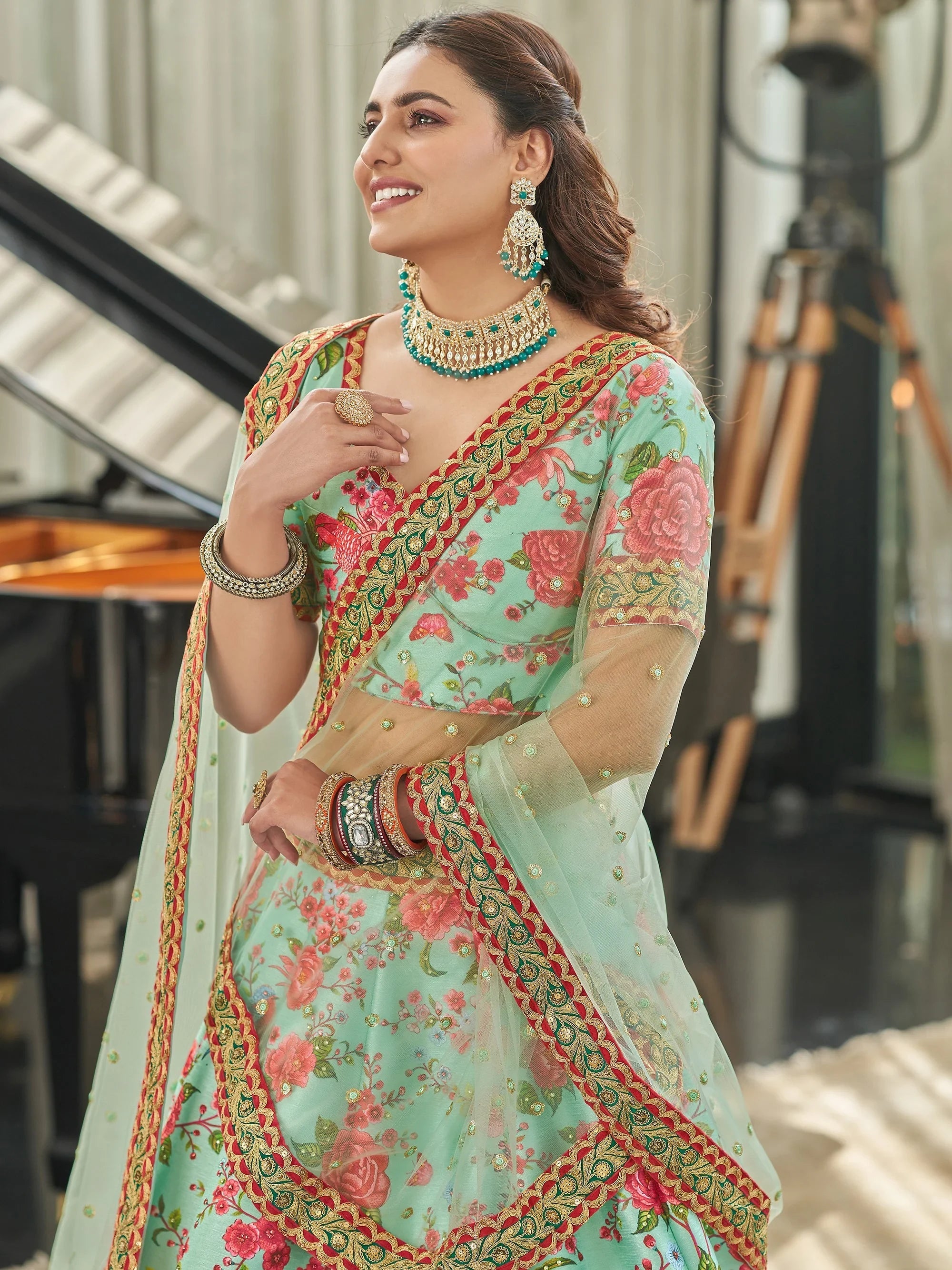 Green Spectacular Floral Printed Art Silk Lehenga Choli