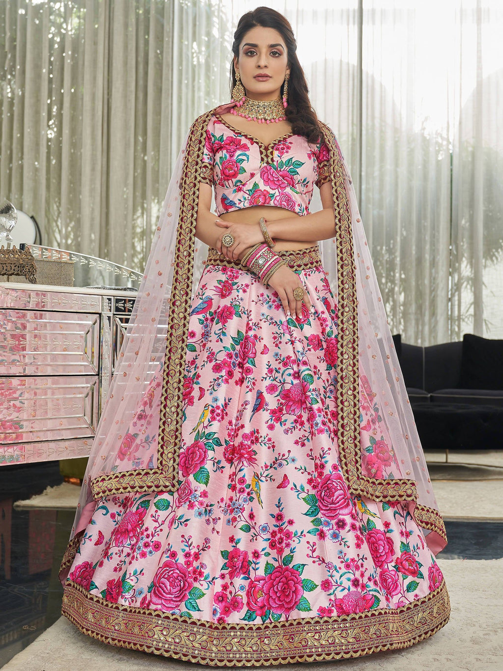 Light Pink Ravishing Light Floral Printed Art Silk Lehenga Choli