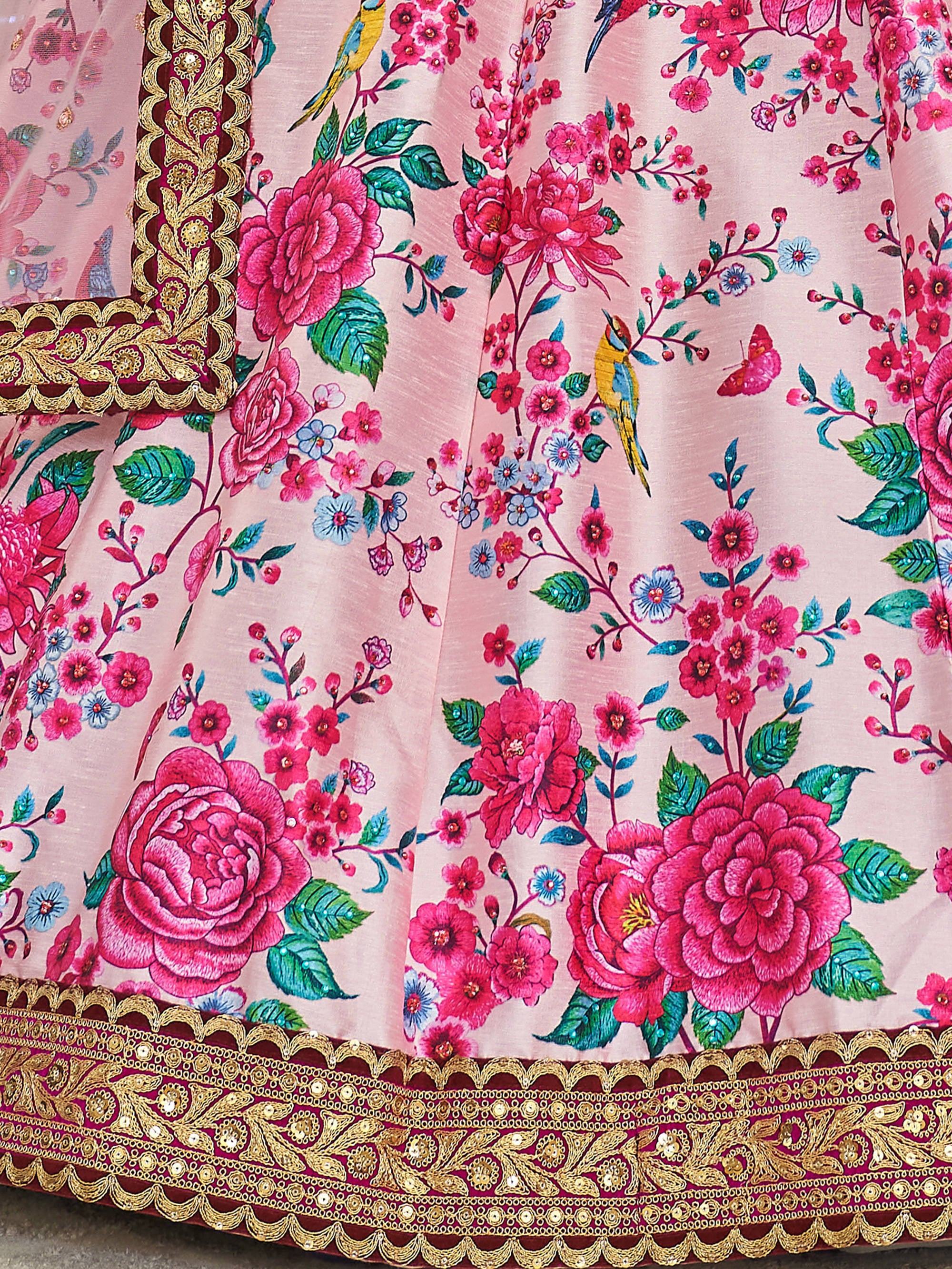 Light Pink Ravishing Light Floral Printed Art Silk Lehenga Choli