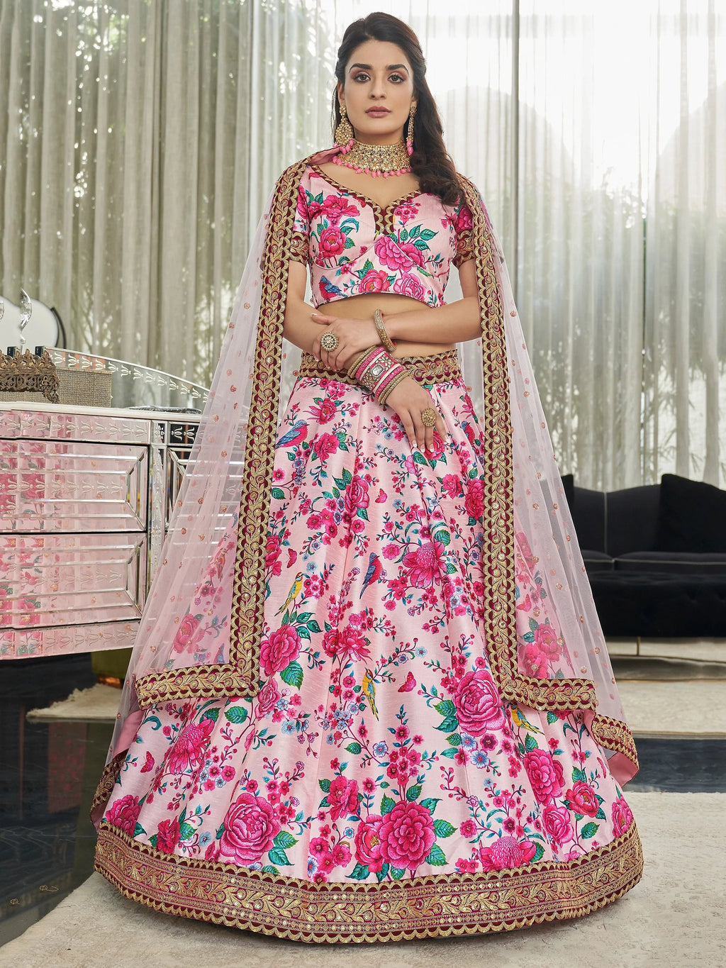 Pink Ravishing Light Floral Printed Art Silk Lehenga Choli