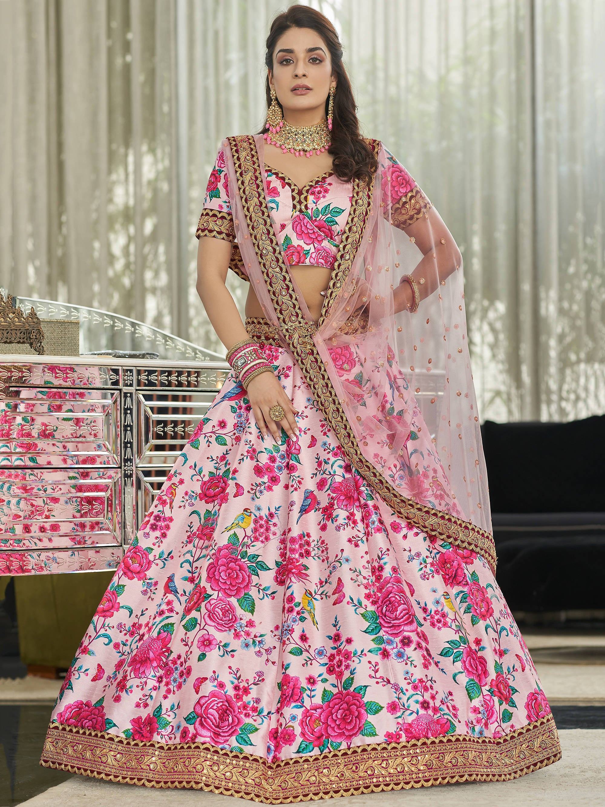 Light Pink Ravishing Light Floral Printed Art Silk Lehenga Choli