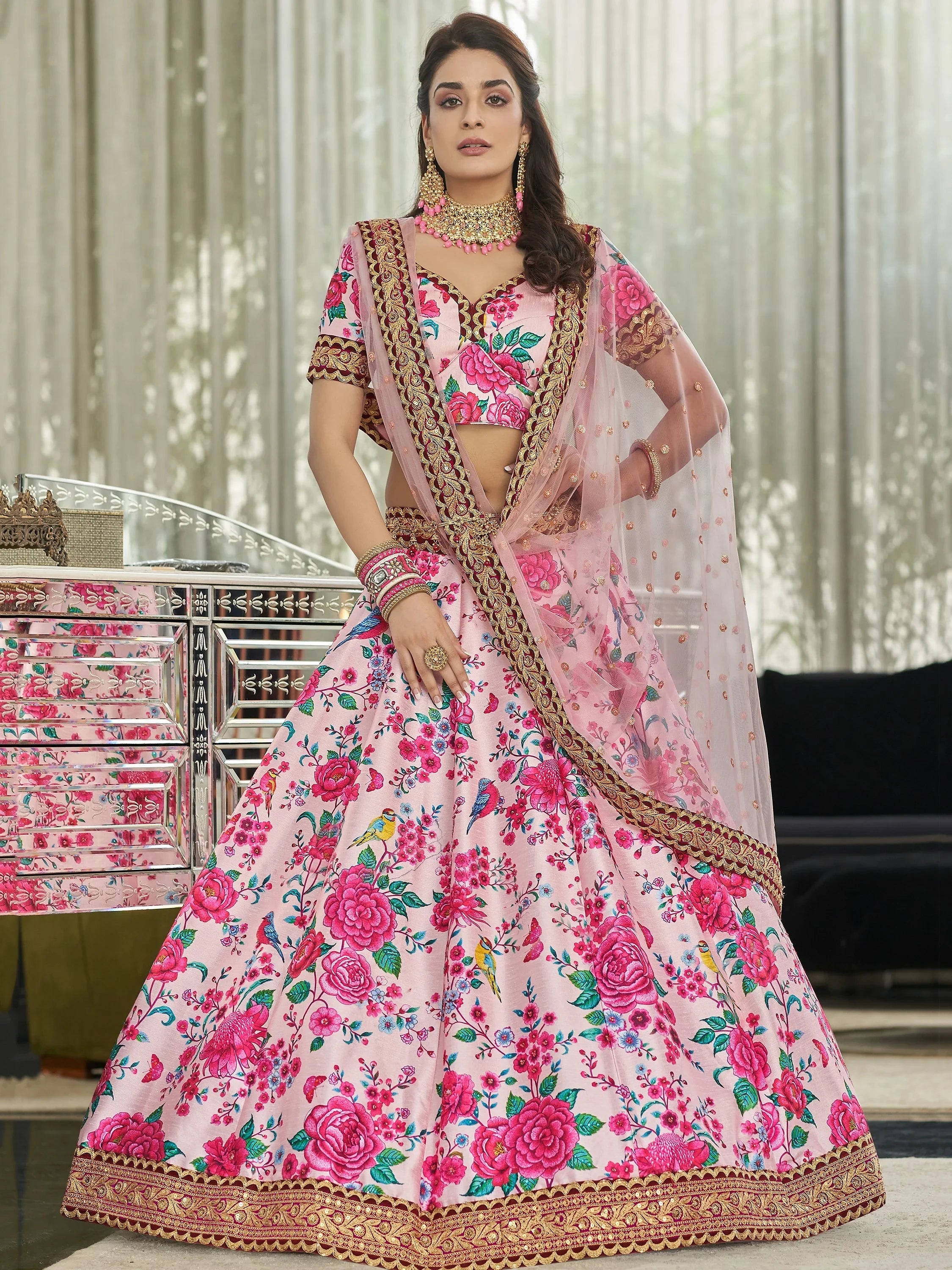 Pink Ravishing Light Floral Printed Art Silk Lehenga Choli