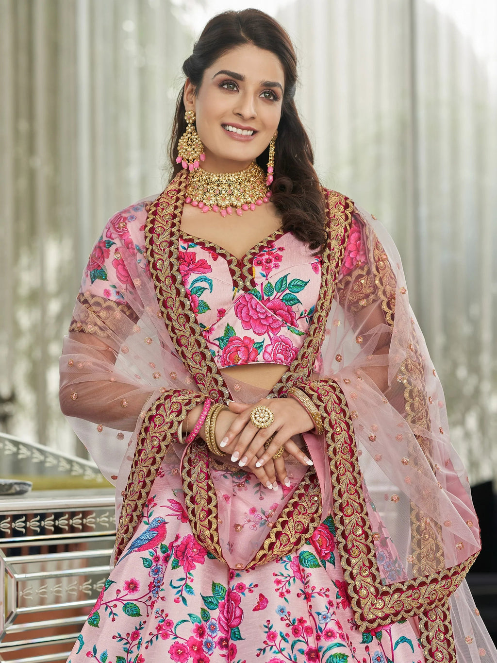 Pink Ravishing Light Floral Printed Art Silk Lehenga Choli