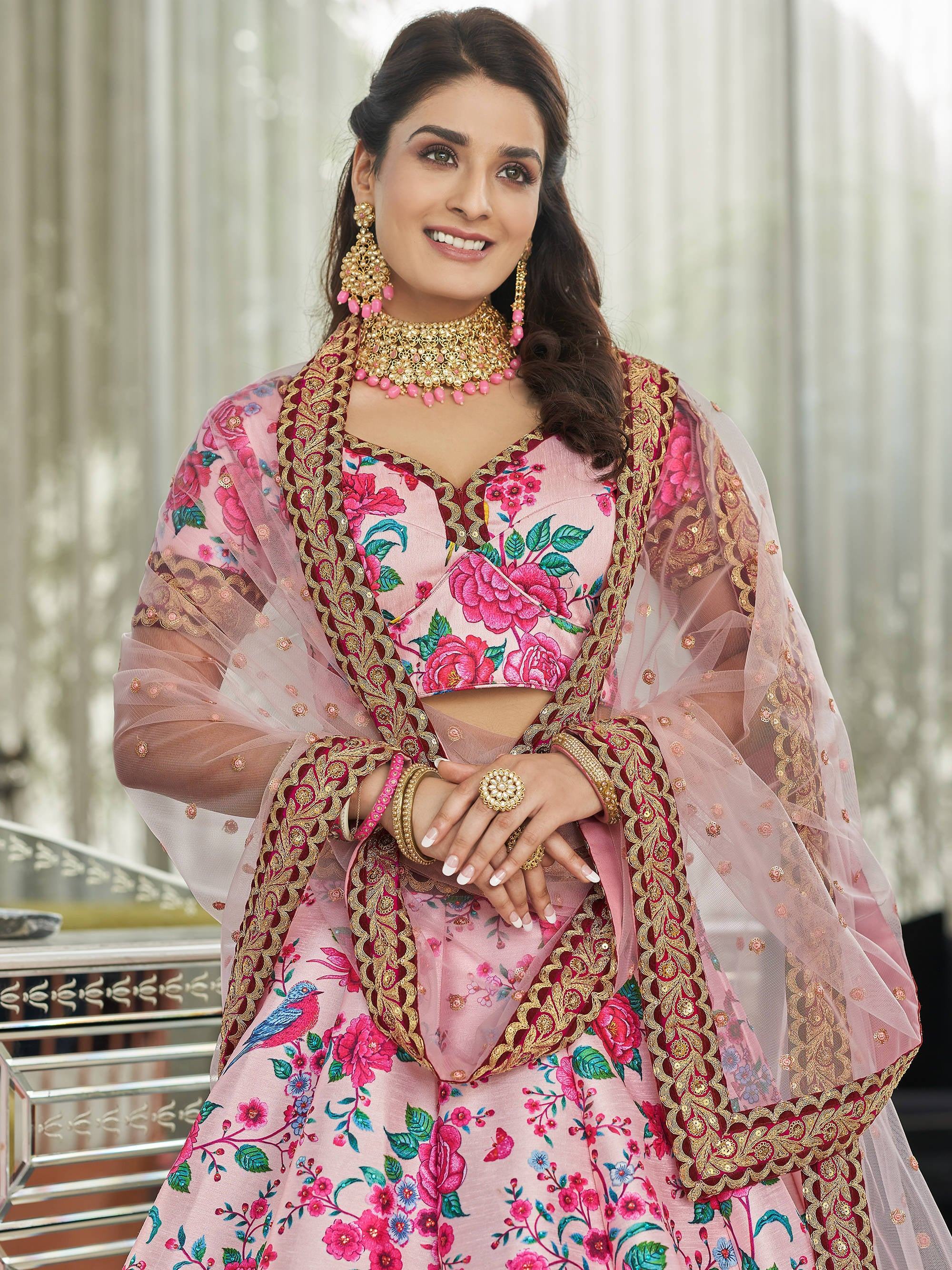 Light Pink Ravishing Light Floral Printed Art Silk Lehenga Choli