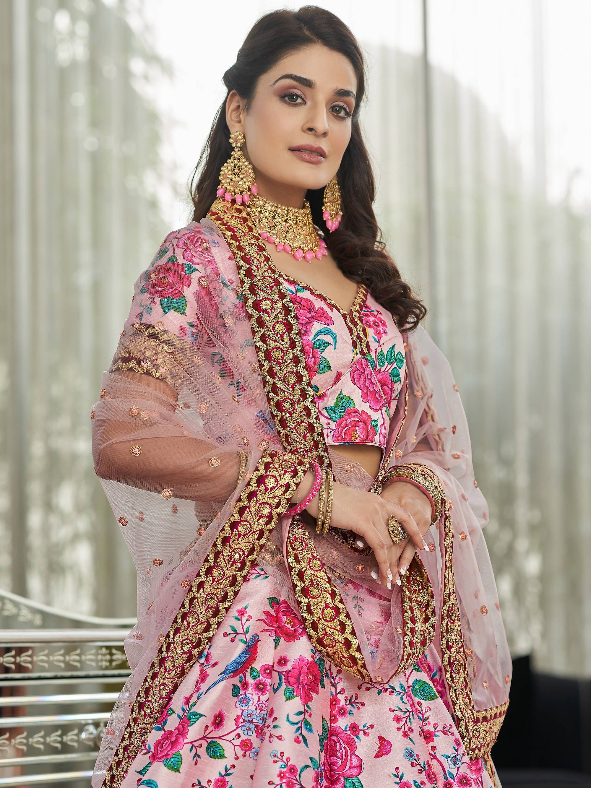 Light Pink Ravishing Light Floral Printed Art Silk Lehenga Choli