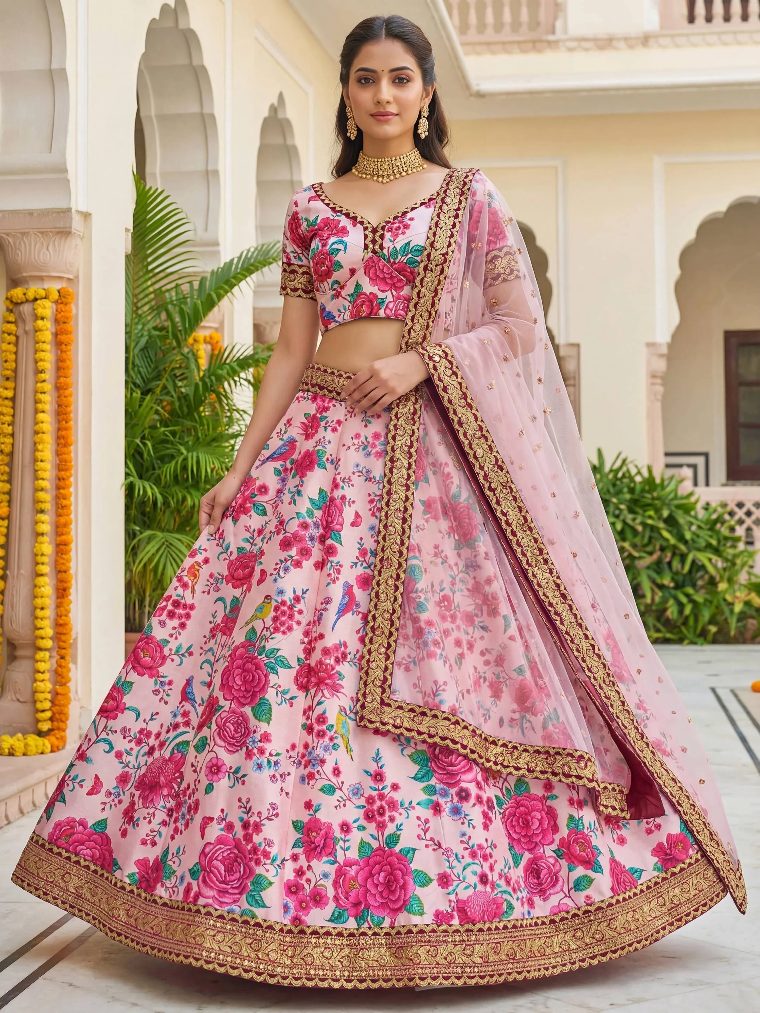Captivating Light Pink Floral Printed Silk Festival Wear Lehenga Choli