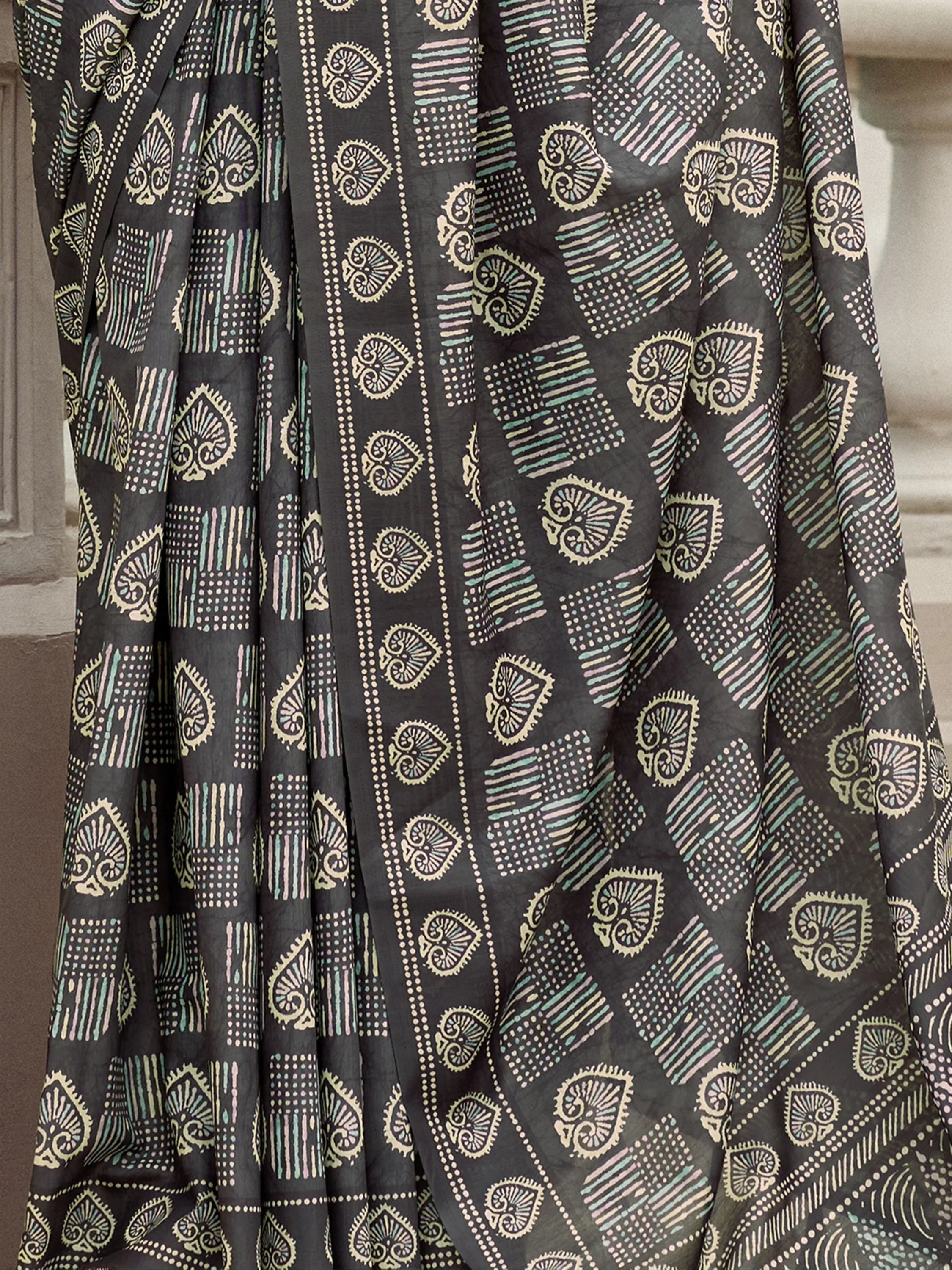 Lovely Grey Printed Mal Mal Silk Event Wear Saree With Blouse