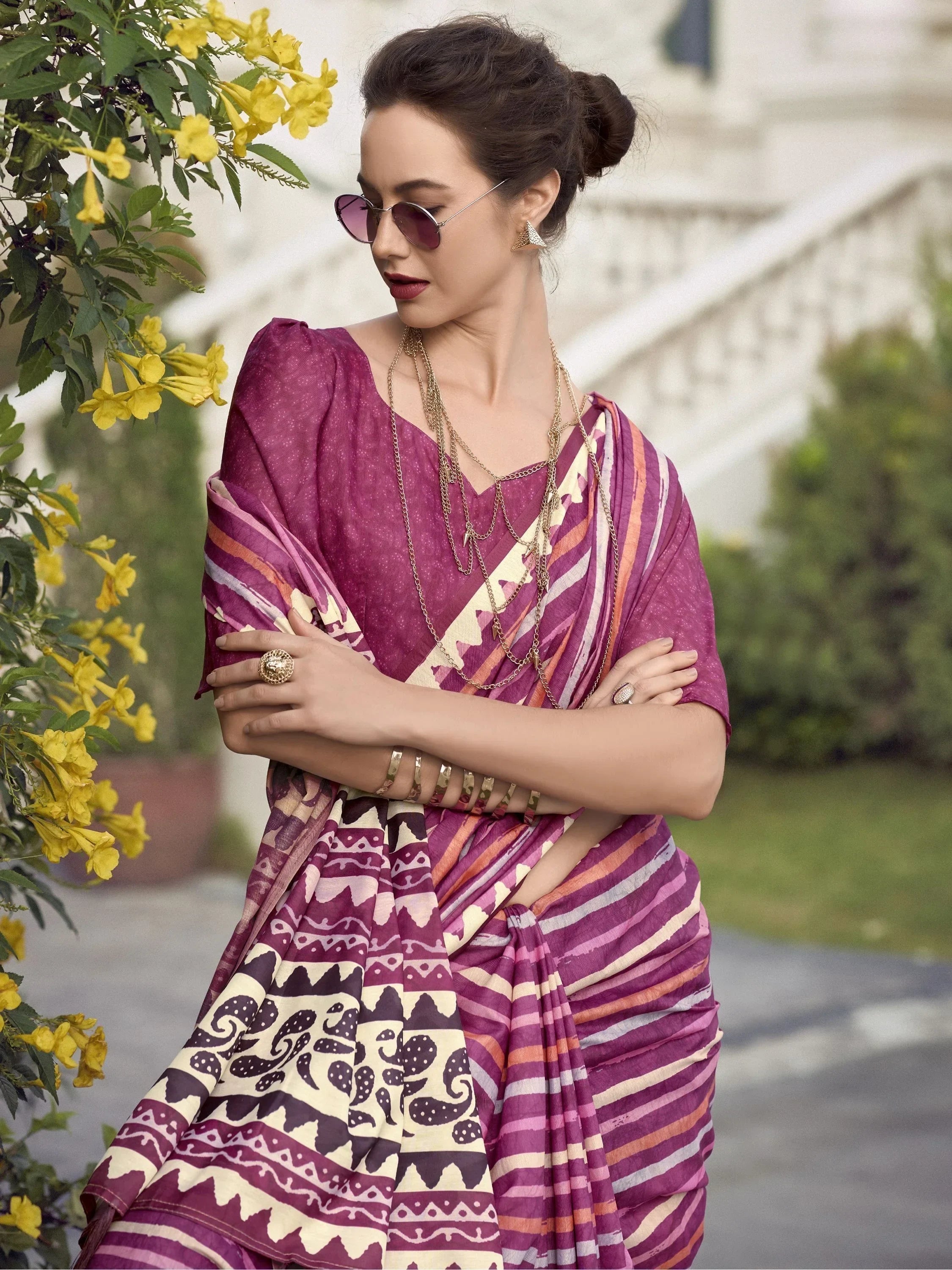 Adorable Magenta Printed Mal Mal Silk Function Wear Saree With Blouse