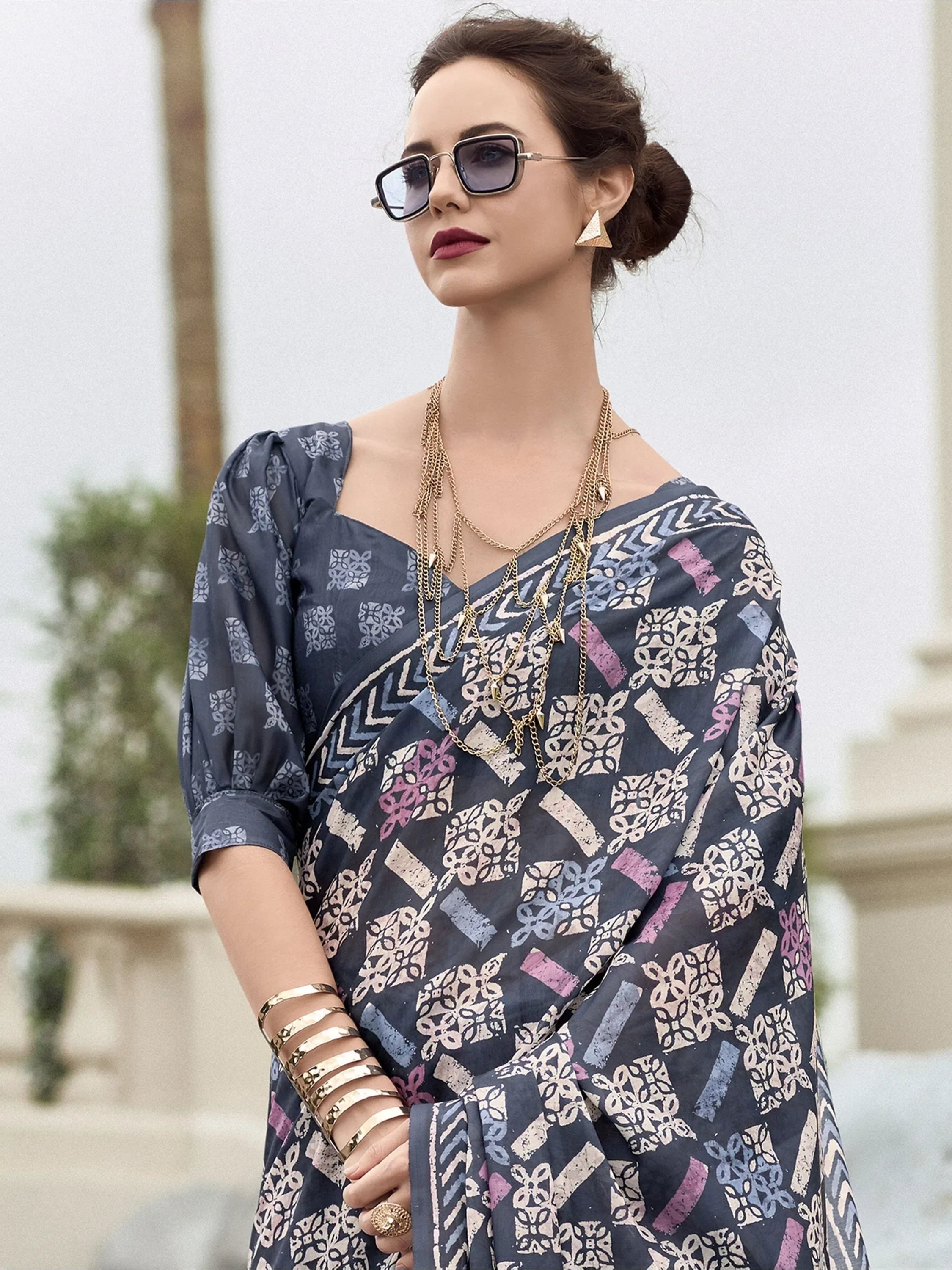 Pretty Navy Blue Printed Mal Mal Silk Casual Wear Saree With Blouse