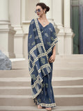 Majestic Navy Blue Printed Mal Mal Silk Office Wear Saree With Blouse