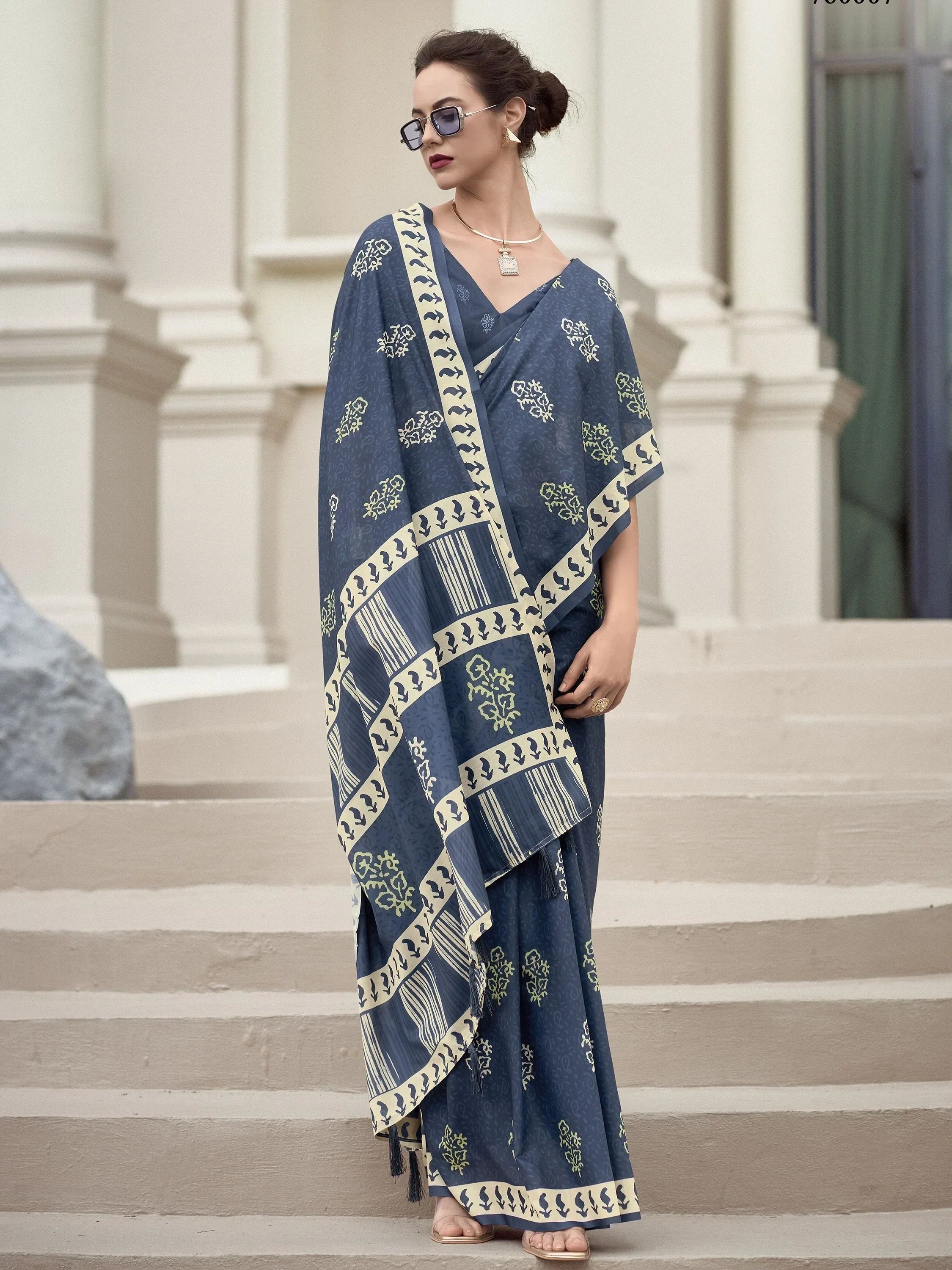 Majestic Navy Blue Printed Mal Mal Silk Office Wear Saree With Blouse