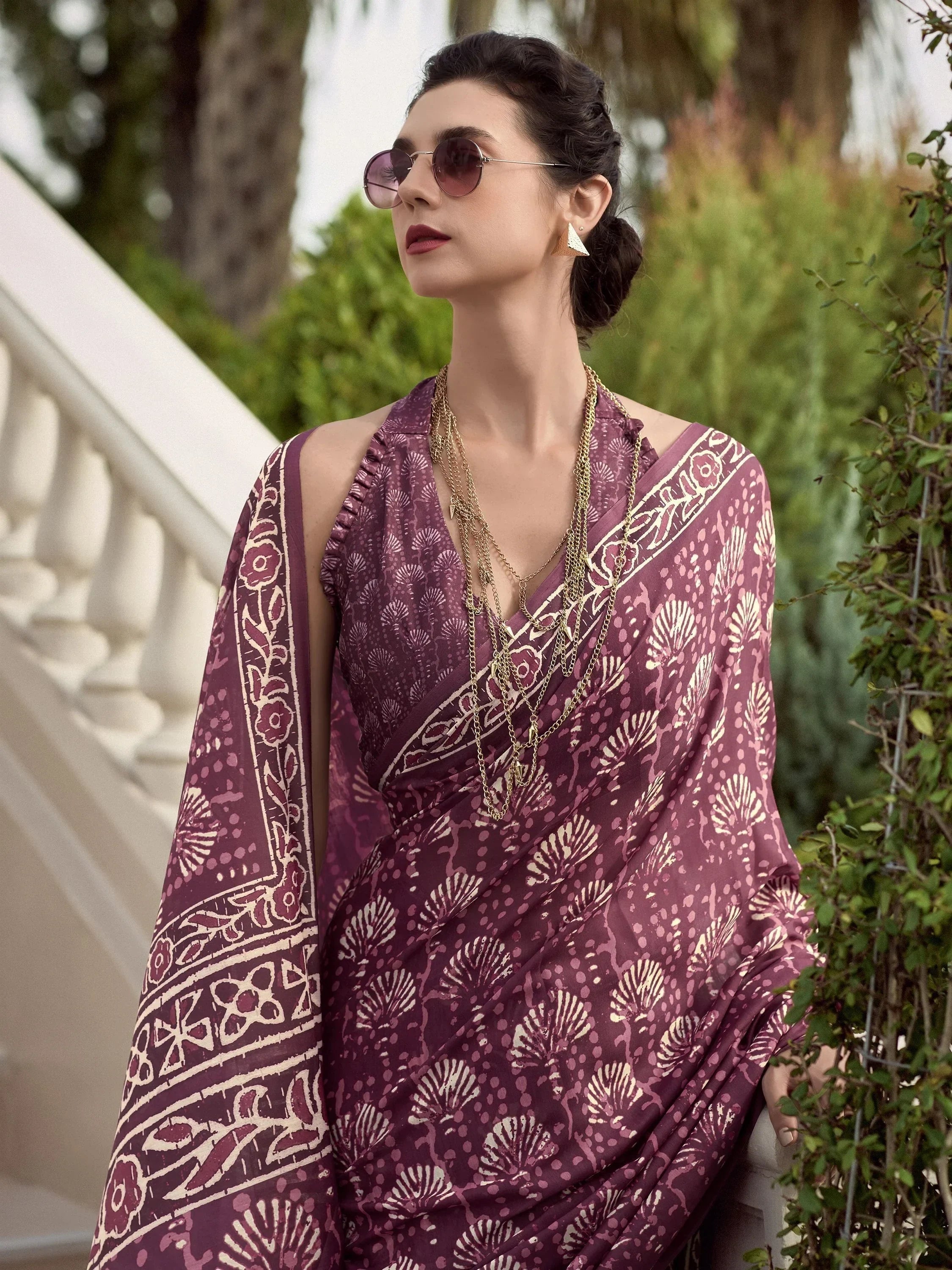 Winsome Wine Printed Mal Mal Silk Office Wear Saree With Blouse