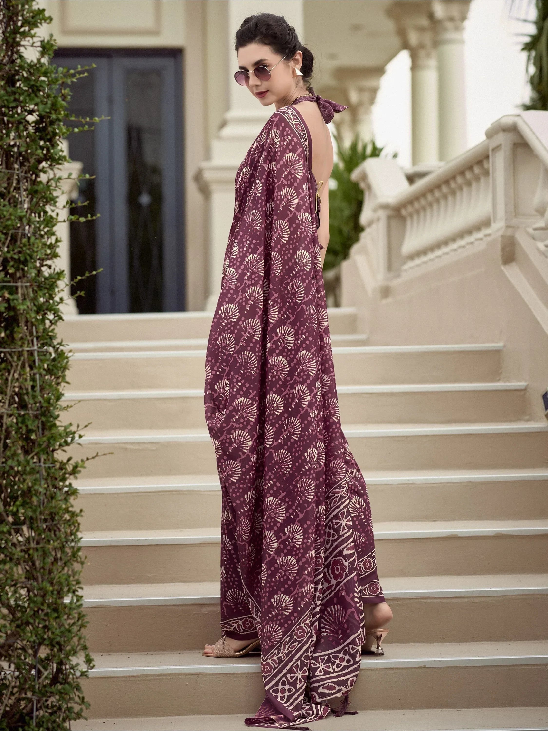 Winsome Wine Printed Mal Mal Silk Office Wear Saree With Blouse