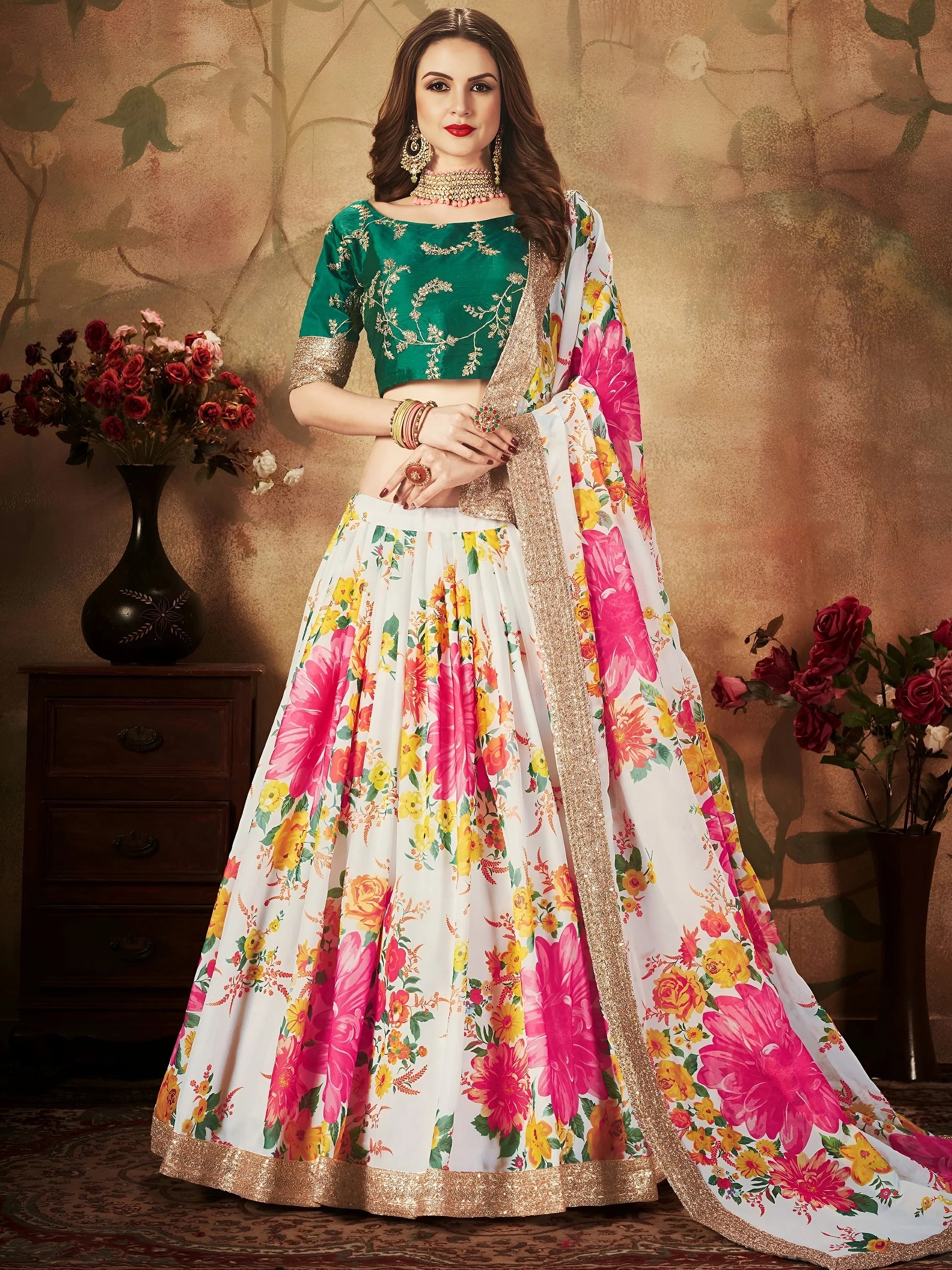 Off White Floral Digital Printed Organza Bridal Lehenga Choli