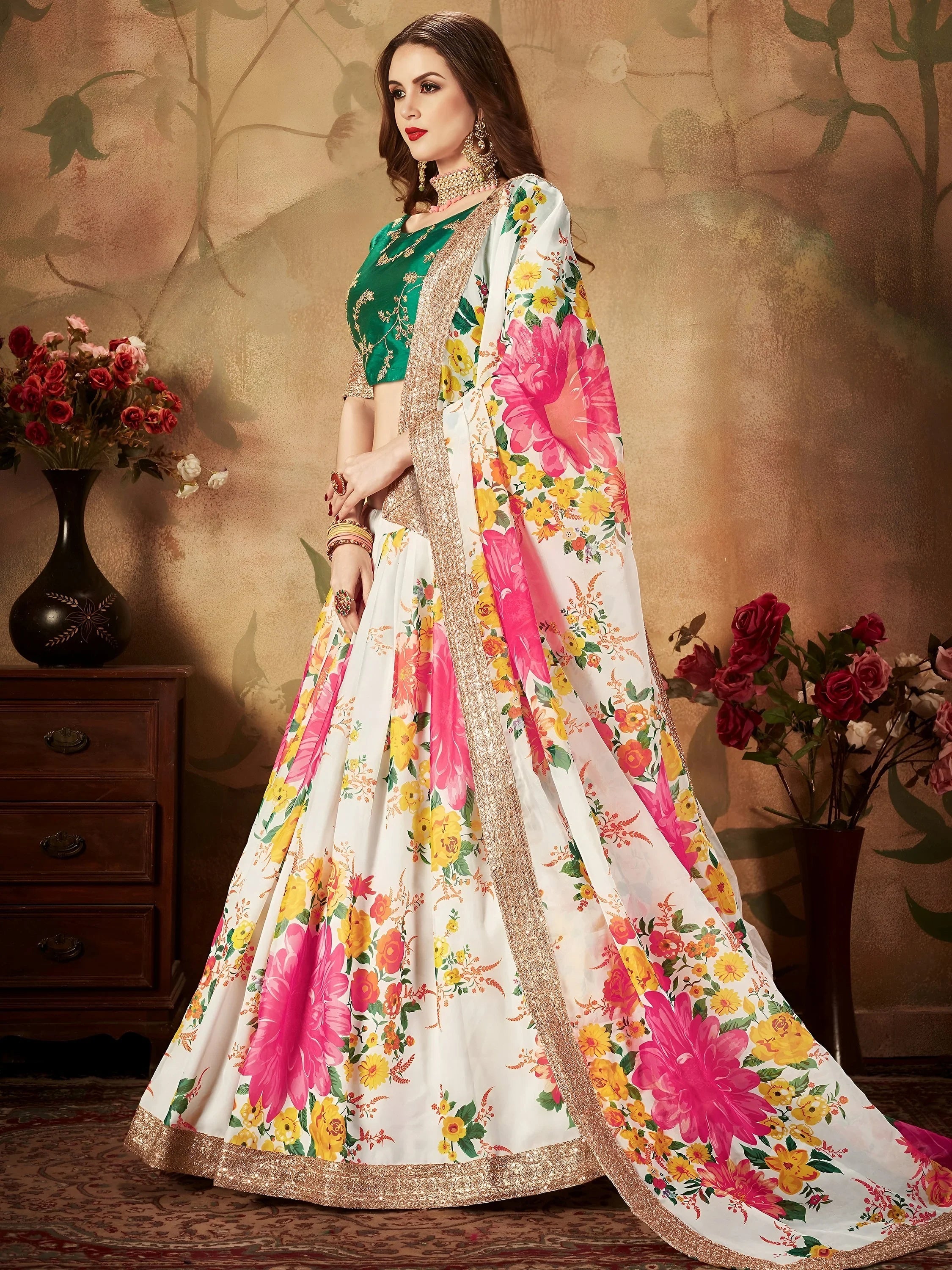 Off White Floral Digital Printed Organza Bridal Lehenga Choli