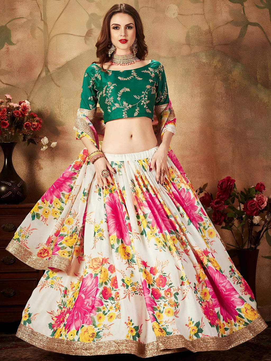 Cream Floral Digital Printed Organza Bridal Lehenga Choli