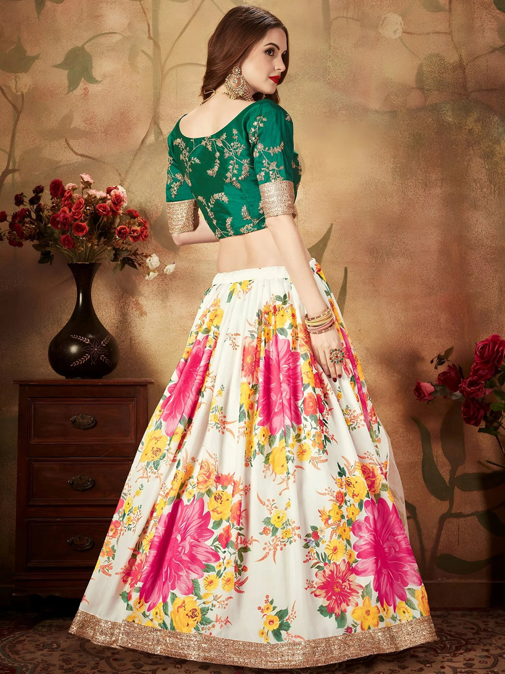 Cream Floral Digital Printed Organza Bridal Lehenga Choli