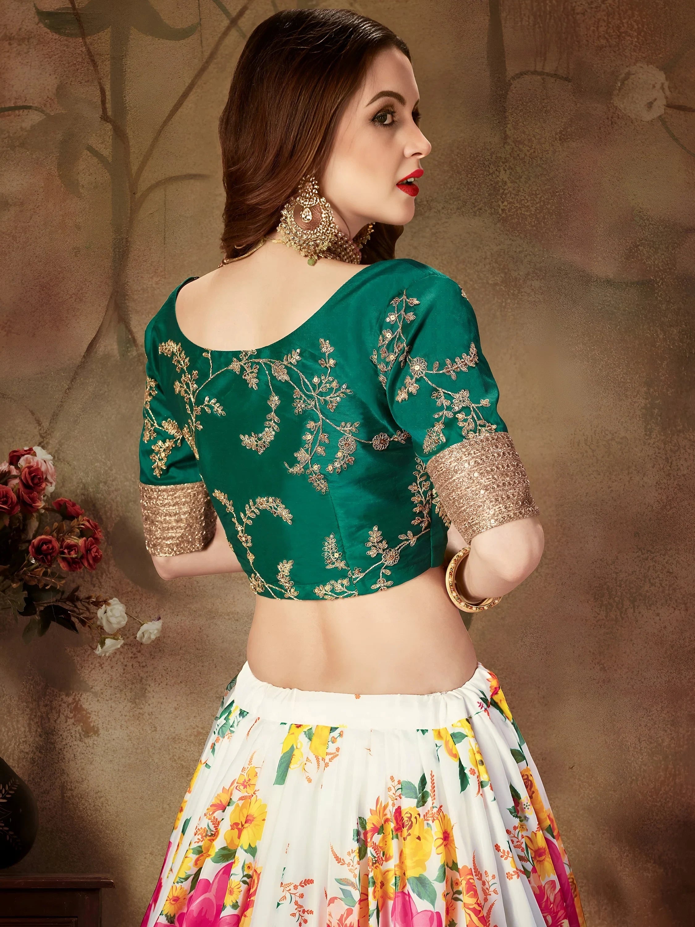 Cream Floral Digital Printed Organza Bridal Lehenga Choli