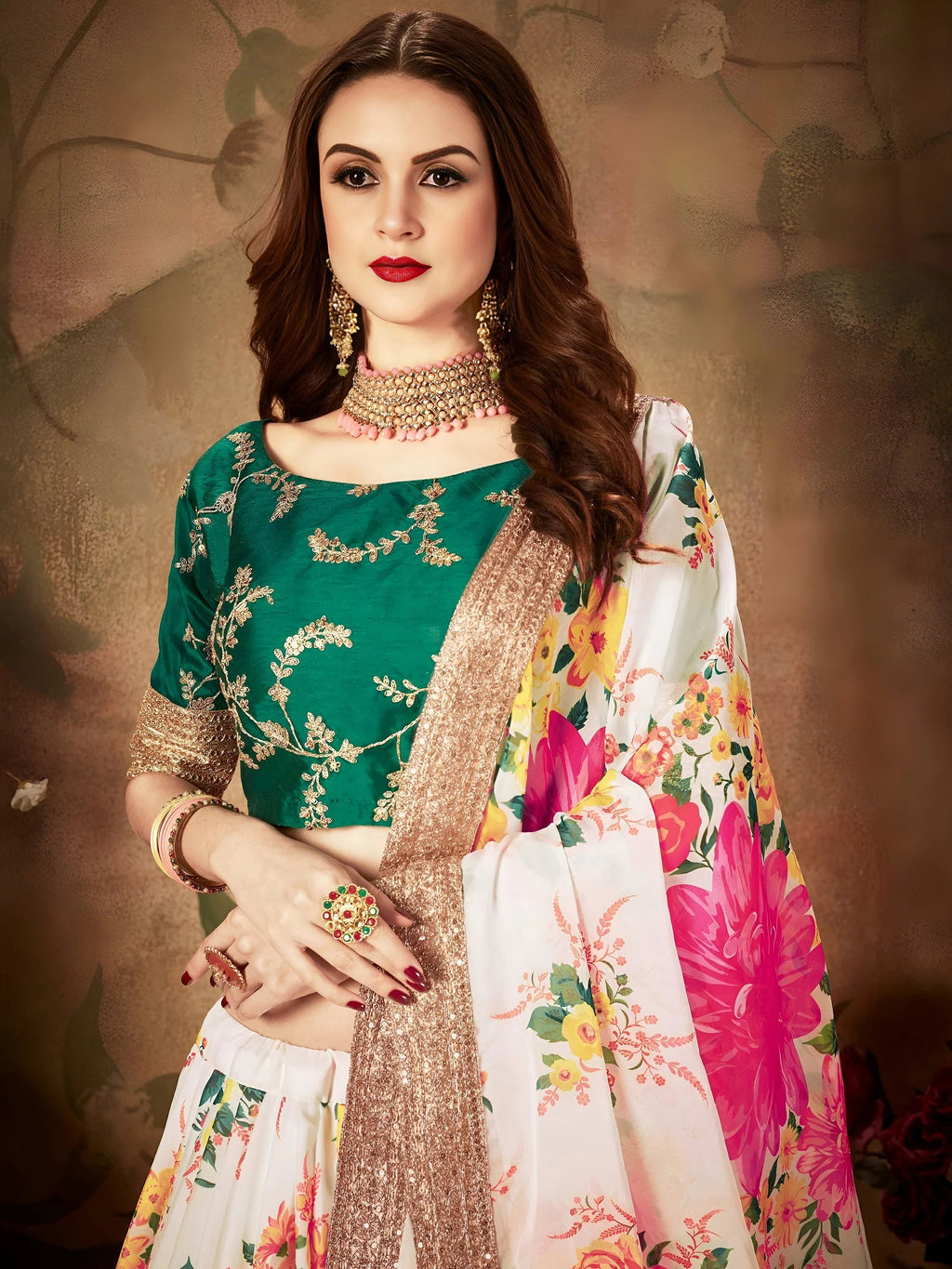 Off White Floral Digital Printed Organza Bridal Lehenga Choli