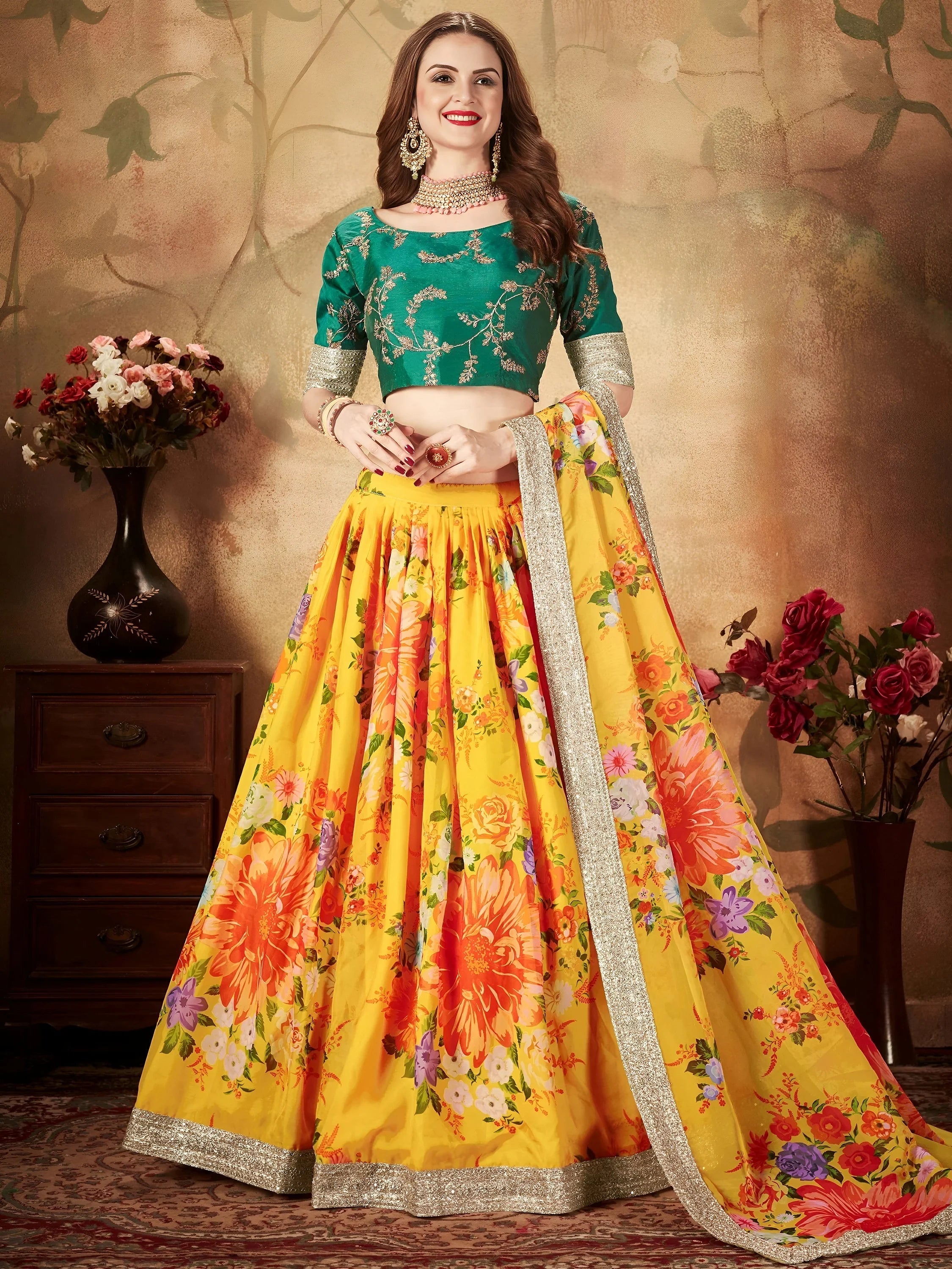 Yellow Floral Digital Printed Organza Bridal Lehenga Choli