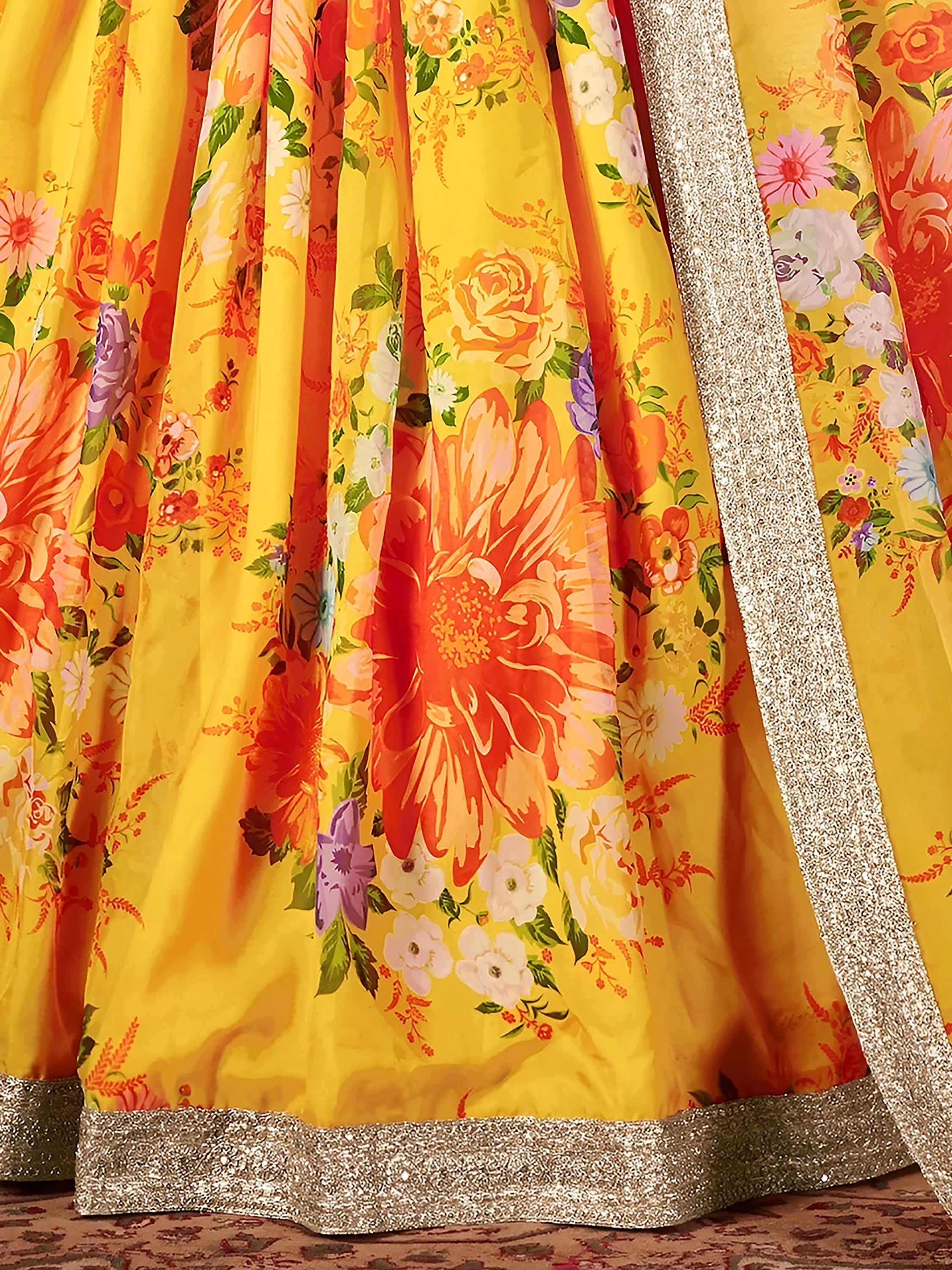 Yellow Floral Digital Printed Organza Bridal Lehenga Choli