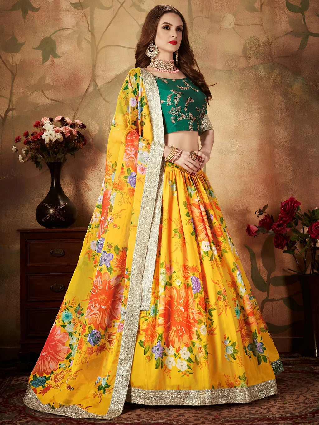 Yellow Floral Digital Printed Organza Bridal Lehenga Choli