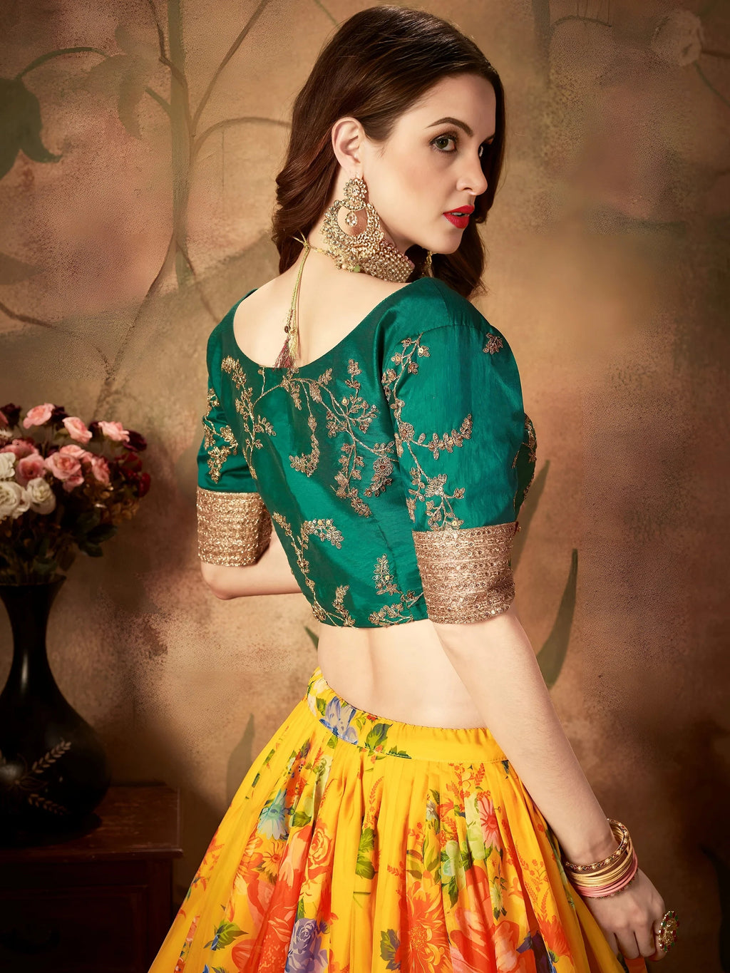 Yellow Floral Digital Printed Organza Bridal Lehenga Choli